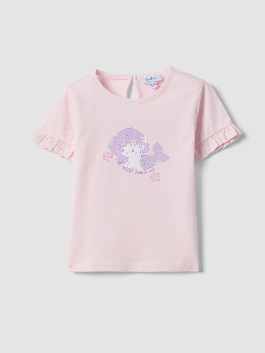 T-shirt rosa em puro algod&atilde;o org&acirc;nico para beb&eacute; menina com estampado e folhos_0