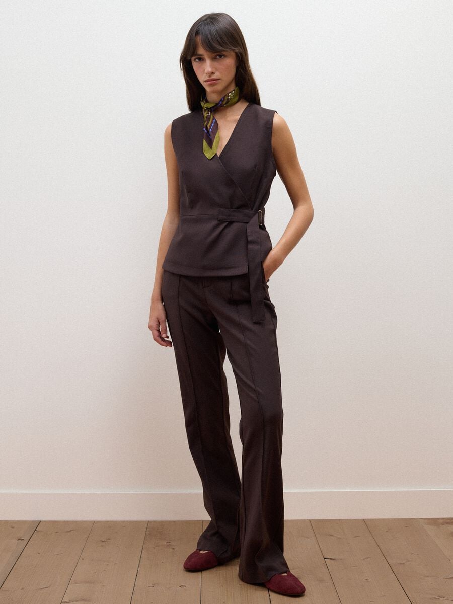 Brown Flared Formal Trousers in Stretch Viscose_0