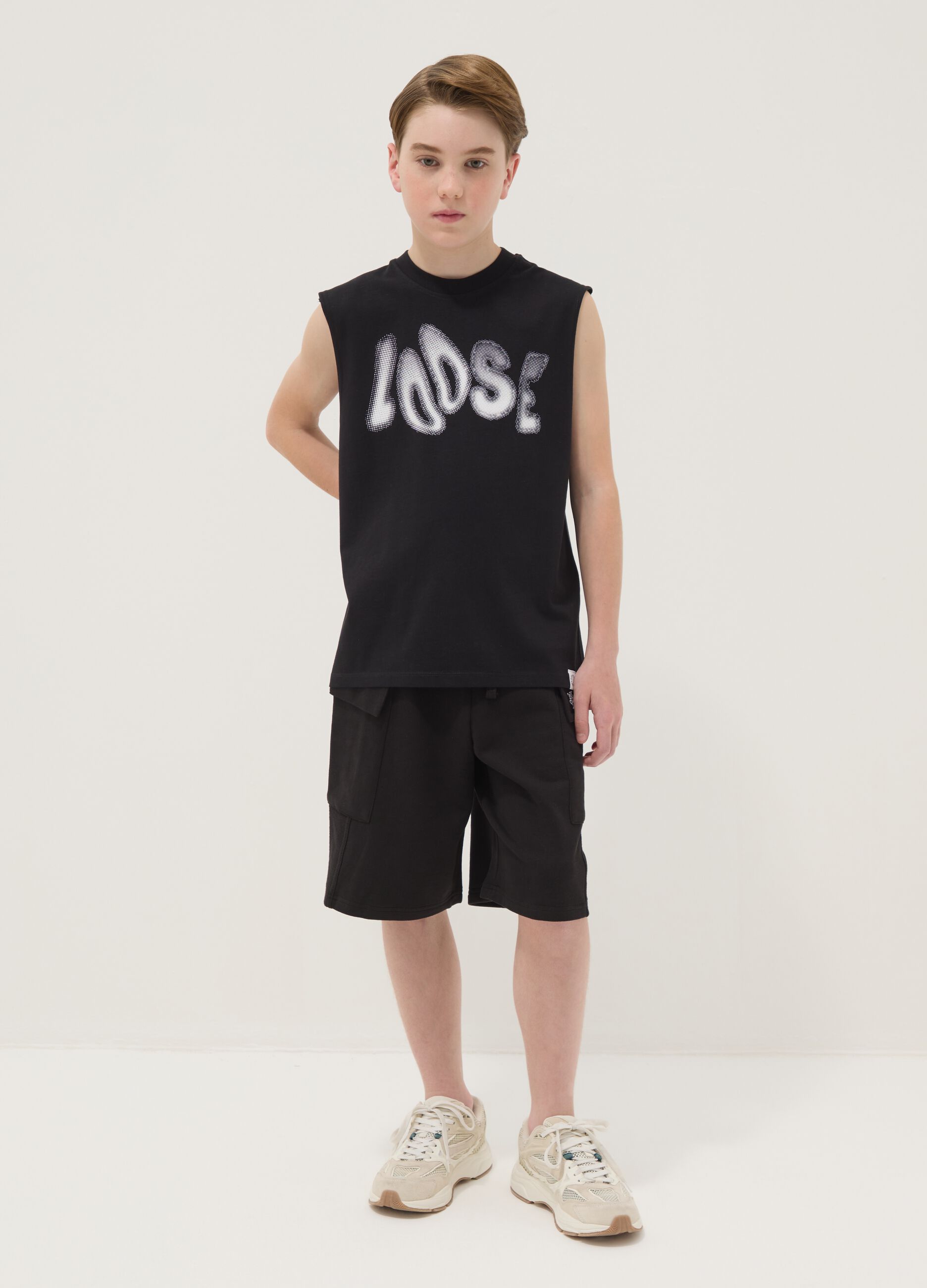 Black pure cotton cargo Bermuda shorts for boys, oversized fit