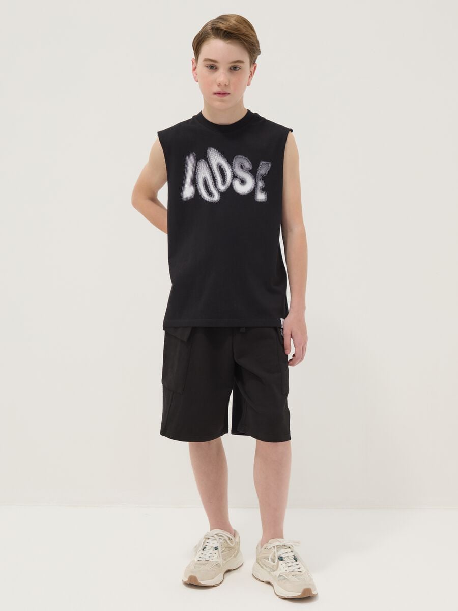Black pure cotton cargo Bermuda shorts for boys, oversized fit_0