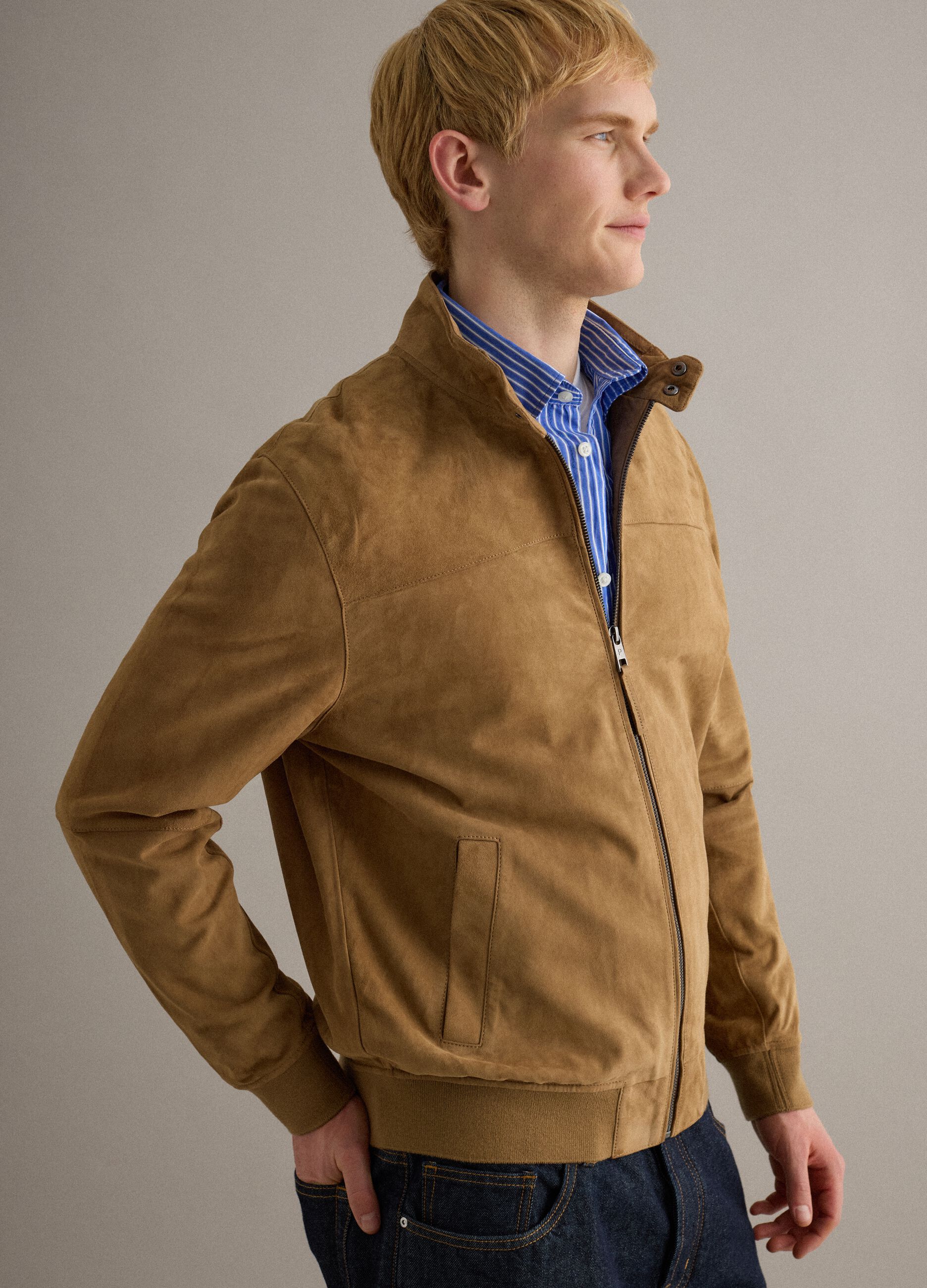 Casaco de pele verdadeira bege ajuste regular com zip