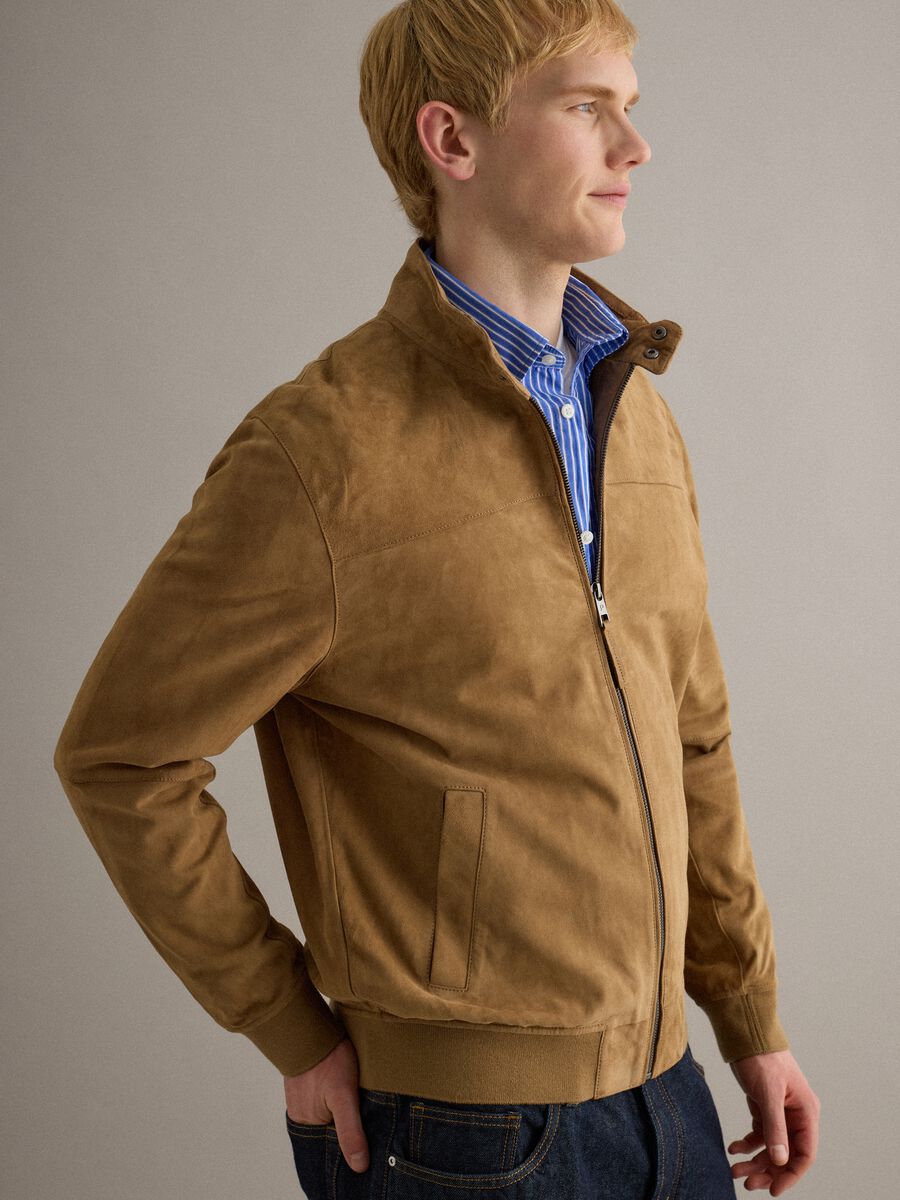 Beige Genuine Leather Jacket Regular Fit with Zip_0