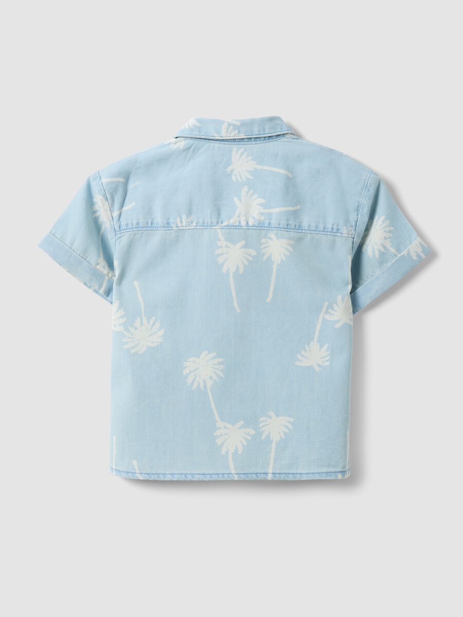 Light Blue Pure Cotton Denim Child's Shirt Regular Fit with Palm Trees_1