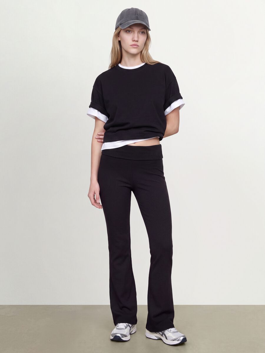 Black ribbed pure cotton flare leggings_0