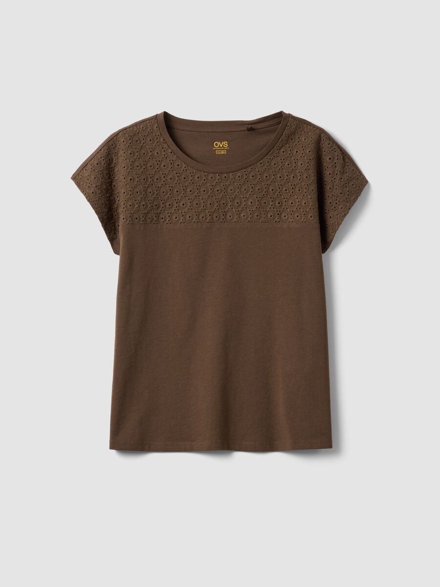 Brown pure cotton T-shirt with broderie anglaise insert_4
