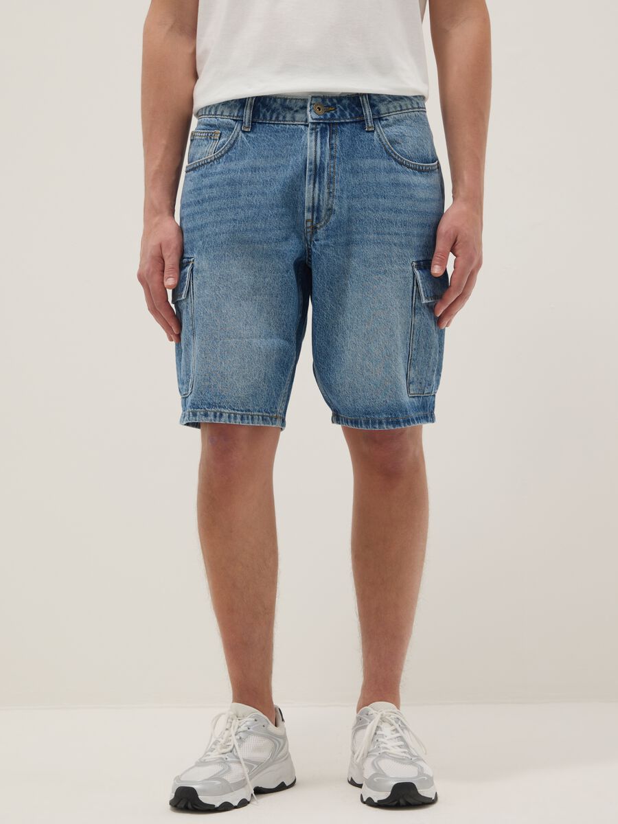Regular-fit pure cotton blue denim Bermuda shorts_1