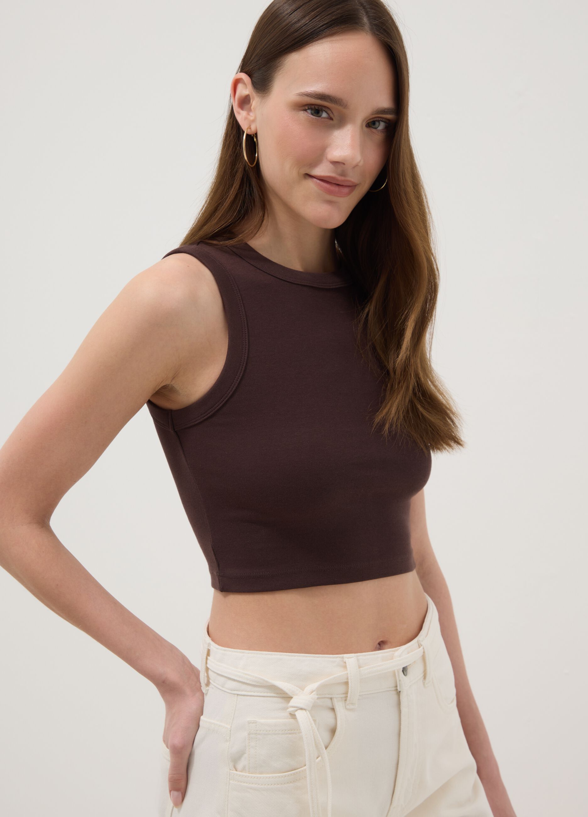 Braunes Crop-Top aus elastischer Baumwolle