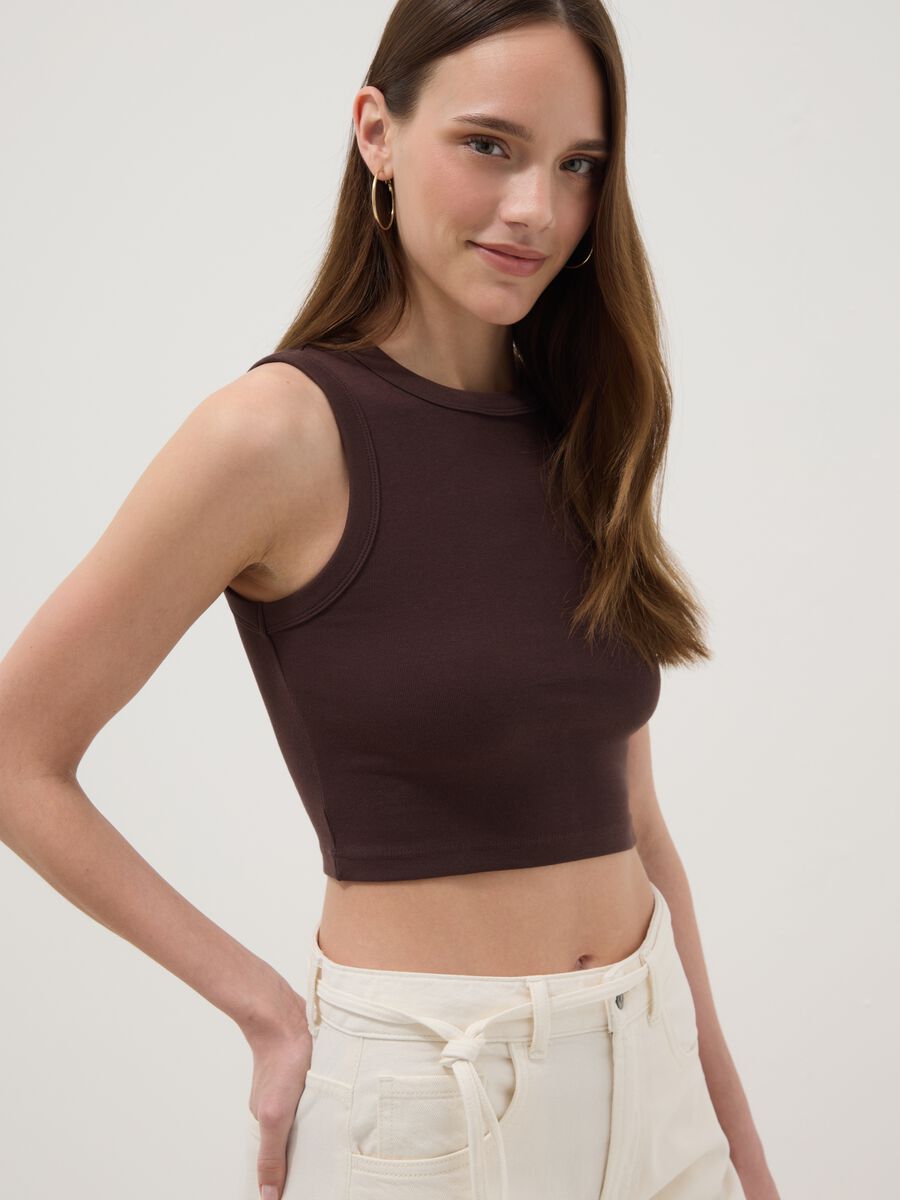 Braunes Crop-Top aus elastischer Baumwolle_0