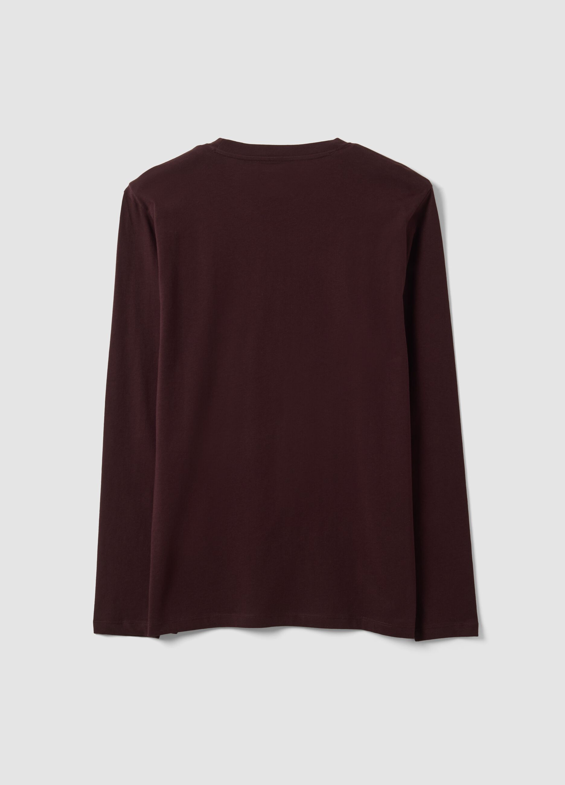 Brown long-sleeved pure organic cotton crew-neck T-shirt