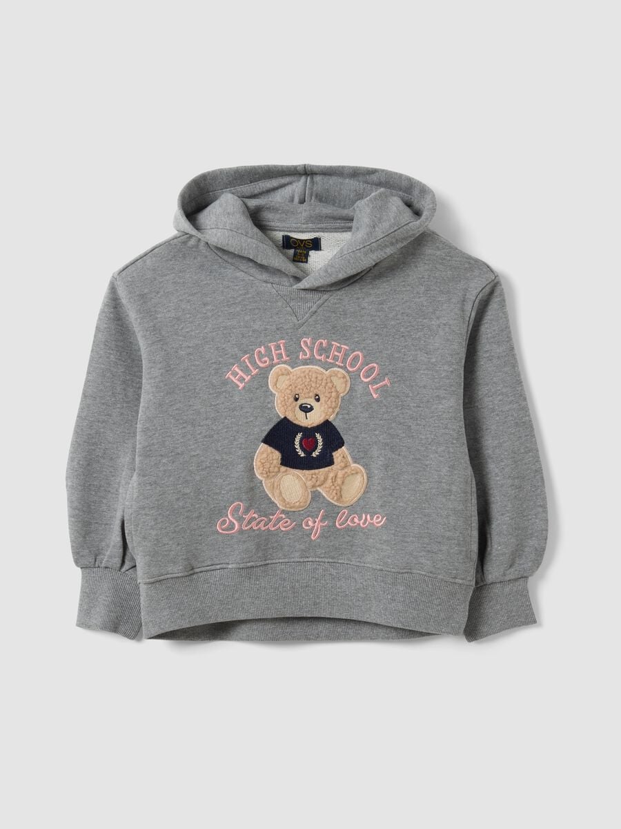 Grey cotton-viscose blend sweatshirt with embroidered teddy bear for girls_0