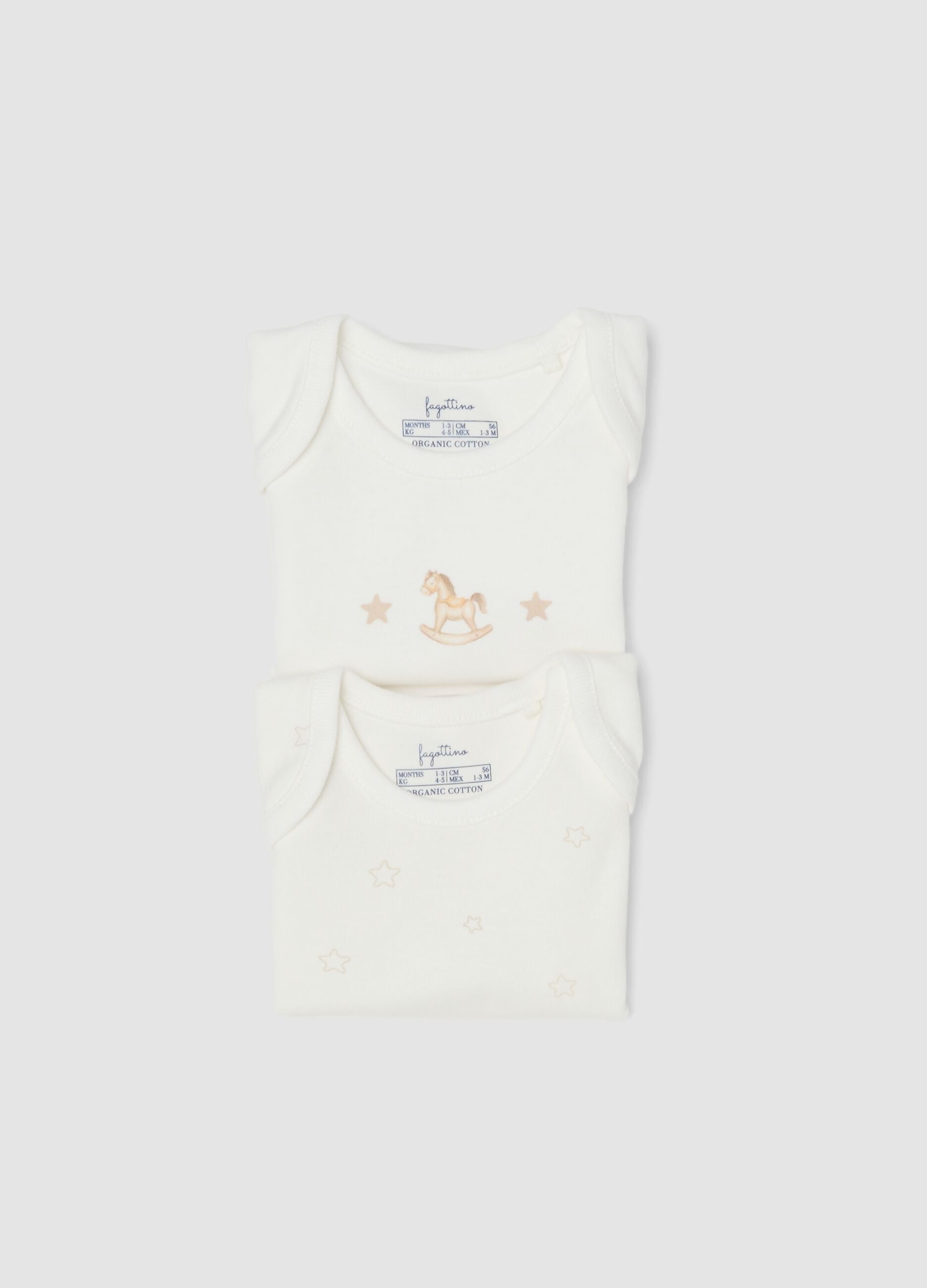 Two-pack of white organic cotton bodysuits with prints
