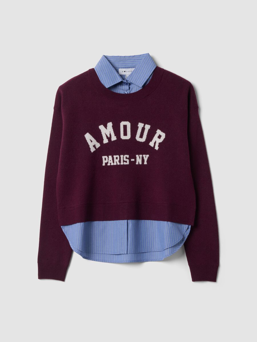 Maglia viola in misto viscosa e lana con scollo a V e inserto camicia_0