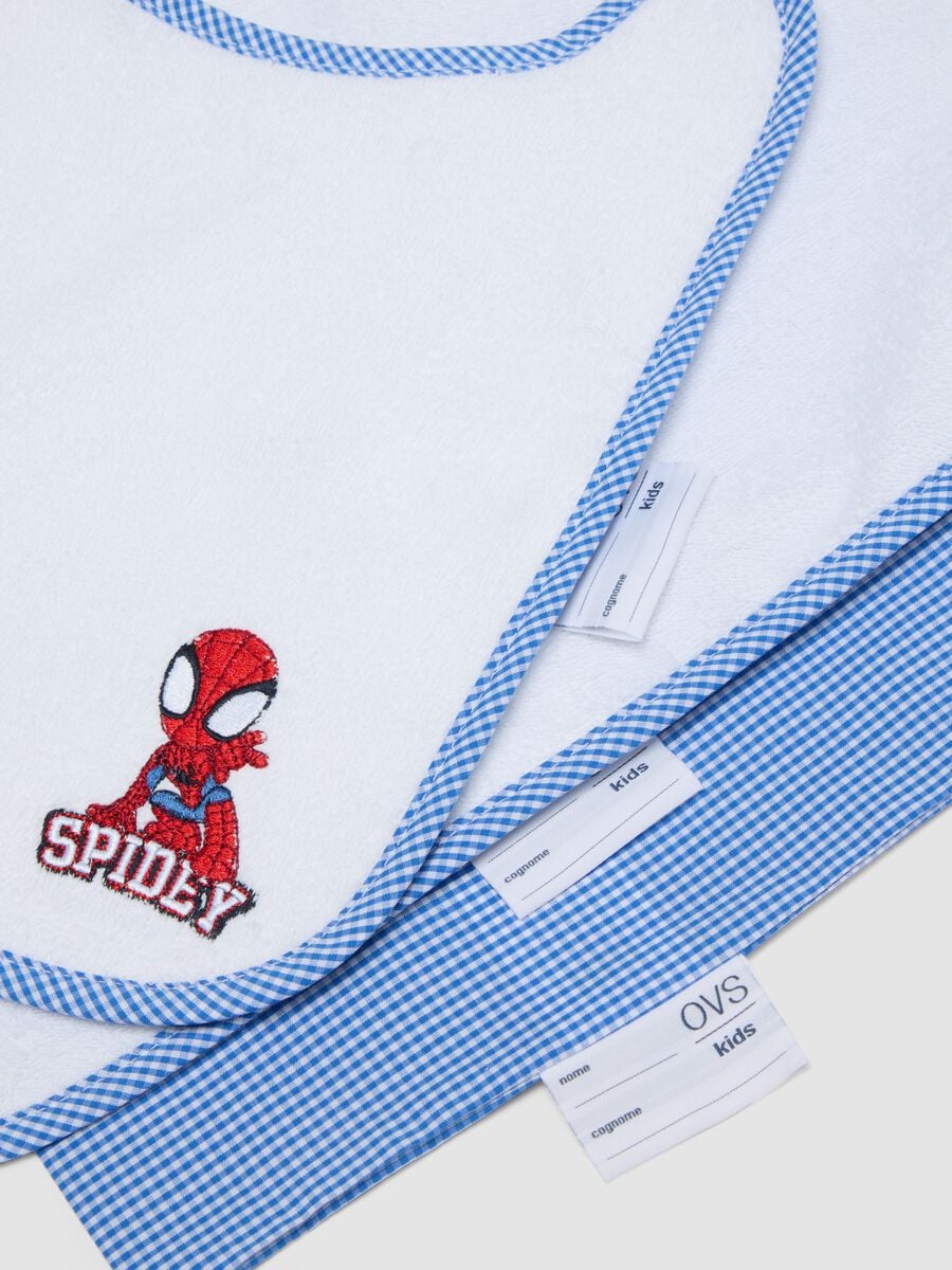 Blue nursery set with bib, towel and drawstring bag, Spidey embroidery_1