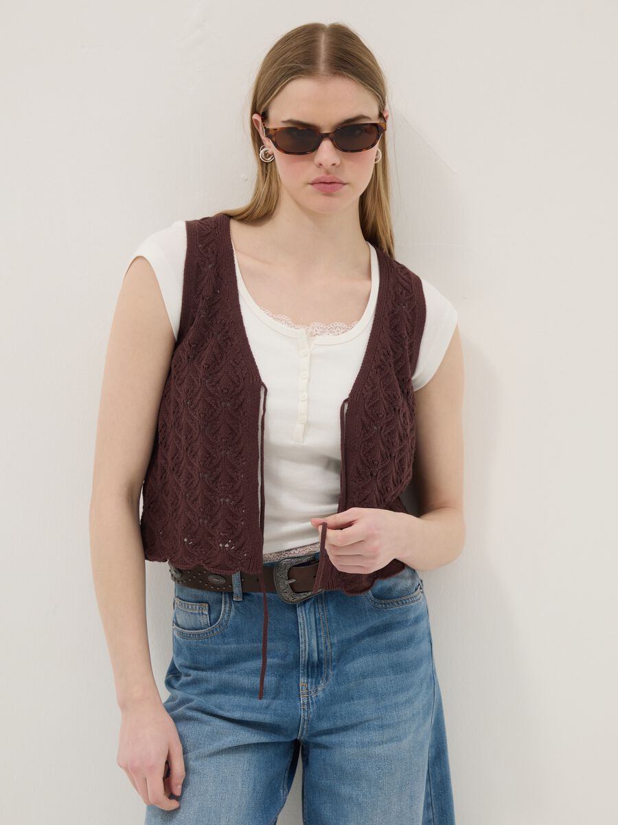 Braune Weste aus reiner Baumwolle im Regular Fit mit Bindeb&auml;ndern und tiefem V-Ausschnitt_1