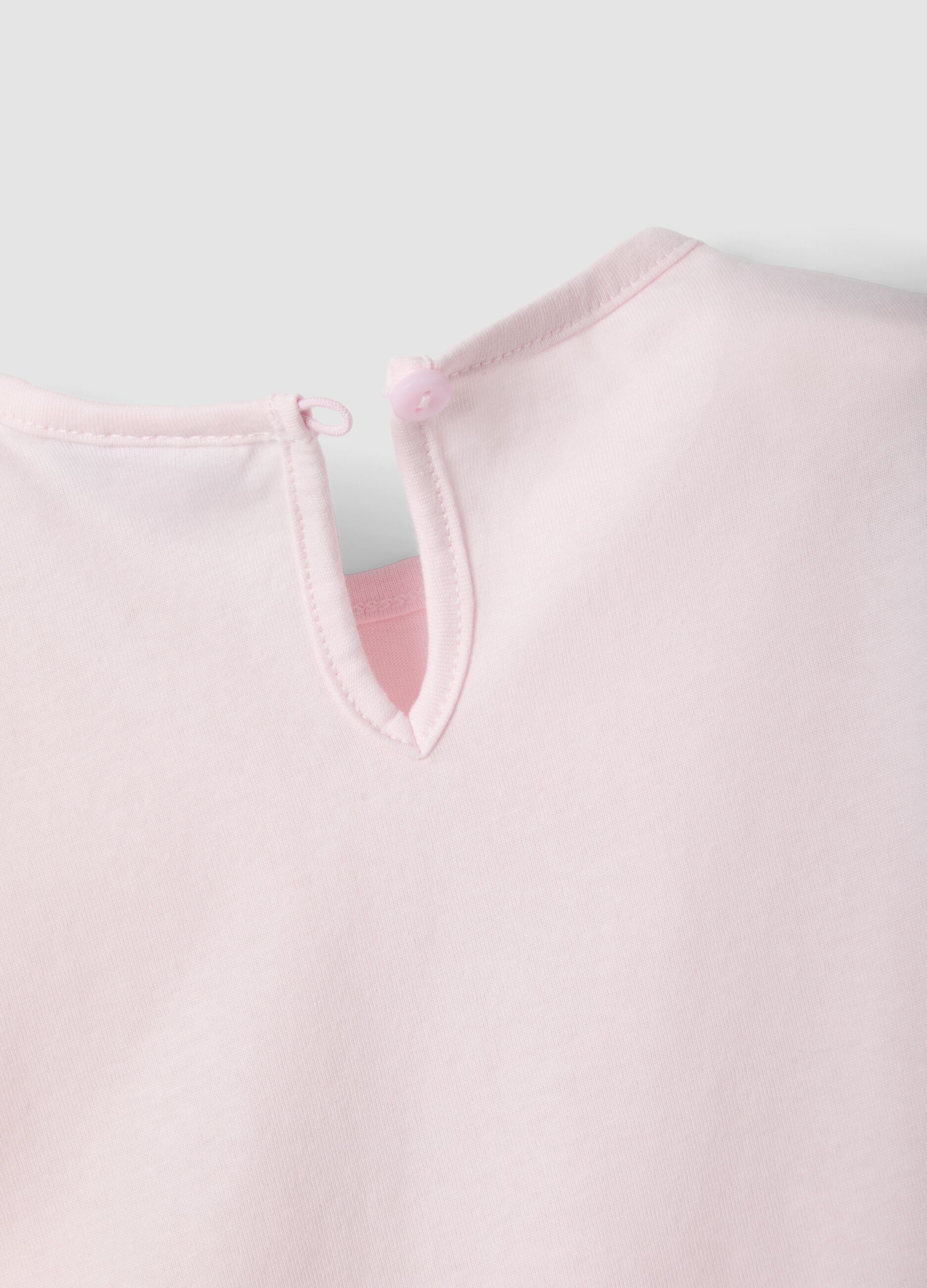 T-shirt rosa em puro algod&atilde;o org&acirc;nico para beb&eacute; menina com estampado e folhos