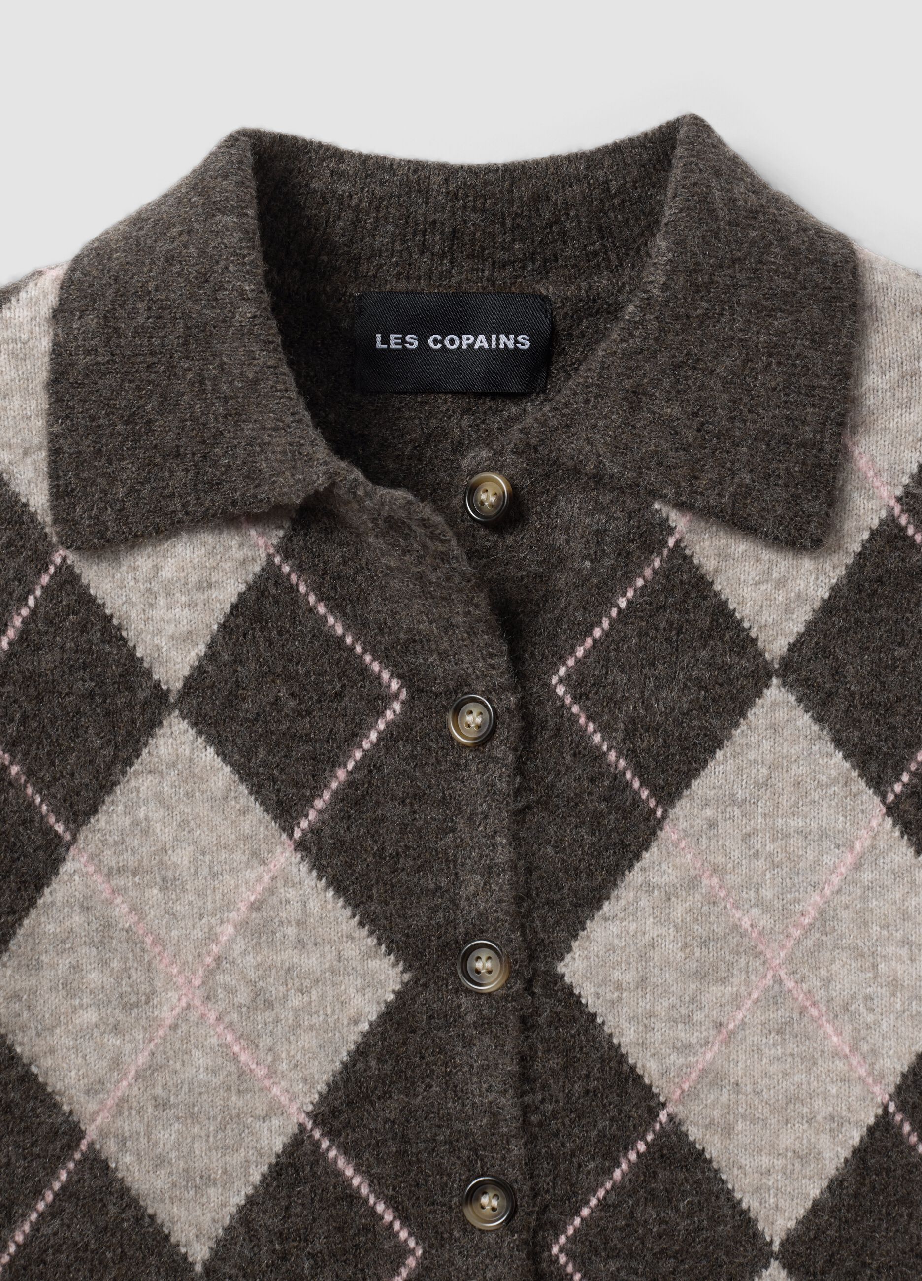 Brown stretch wool polo-collar cardigan, regular fit