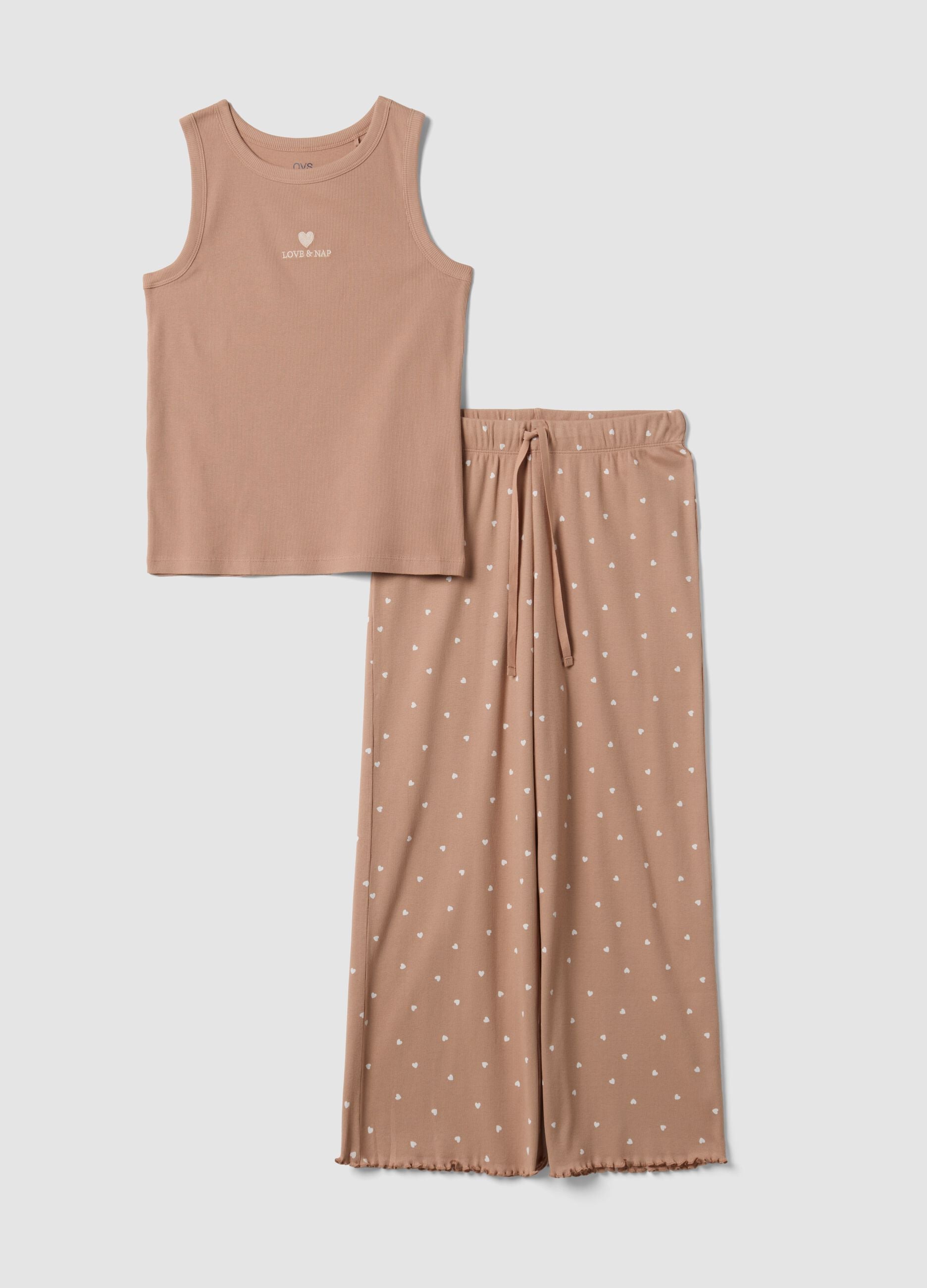 Brown pure organic cotton pyjamas with sleeveless top and printed trousers