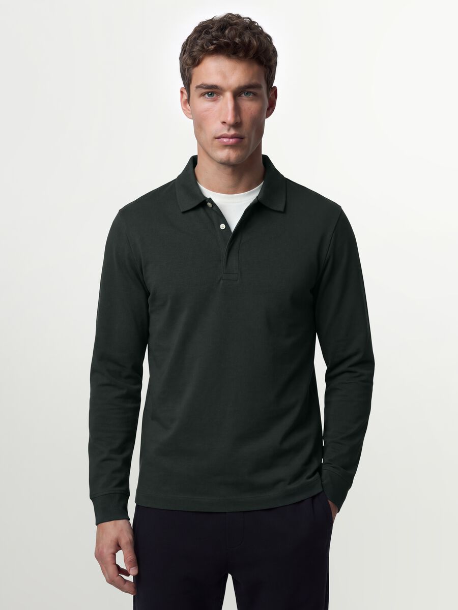 Grey long-sleeve stretch cotton polo shirt, regular fit_0
