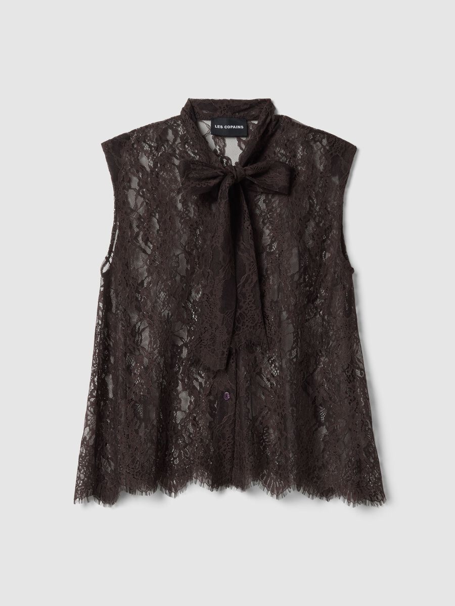 Regular fit brown lace tank top with bow_0