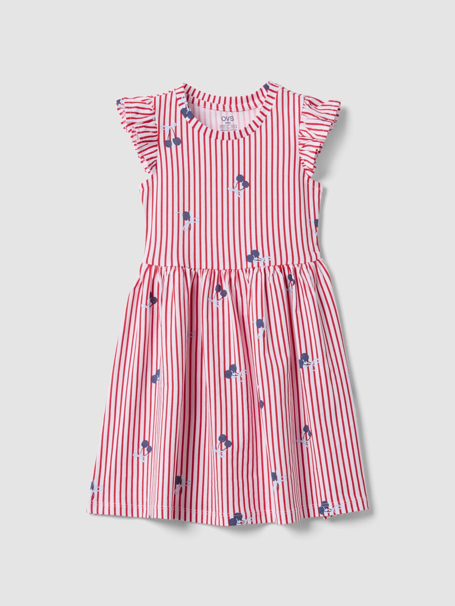 Red striped pure cotton dress with ruffles and prints for girls_0