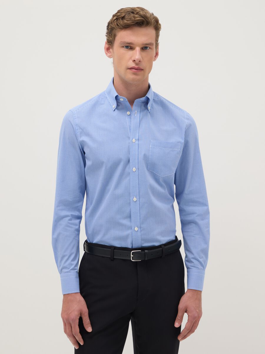 Multicolour checked long-sleeve slim fit cotton blend shirt_0