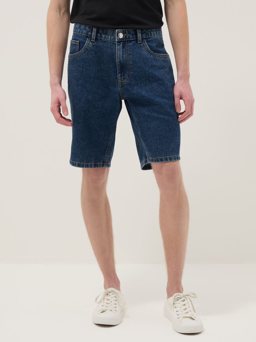 Slim Fit Blue Denim Cotton Blend Shorts_1