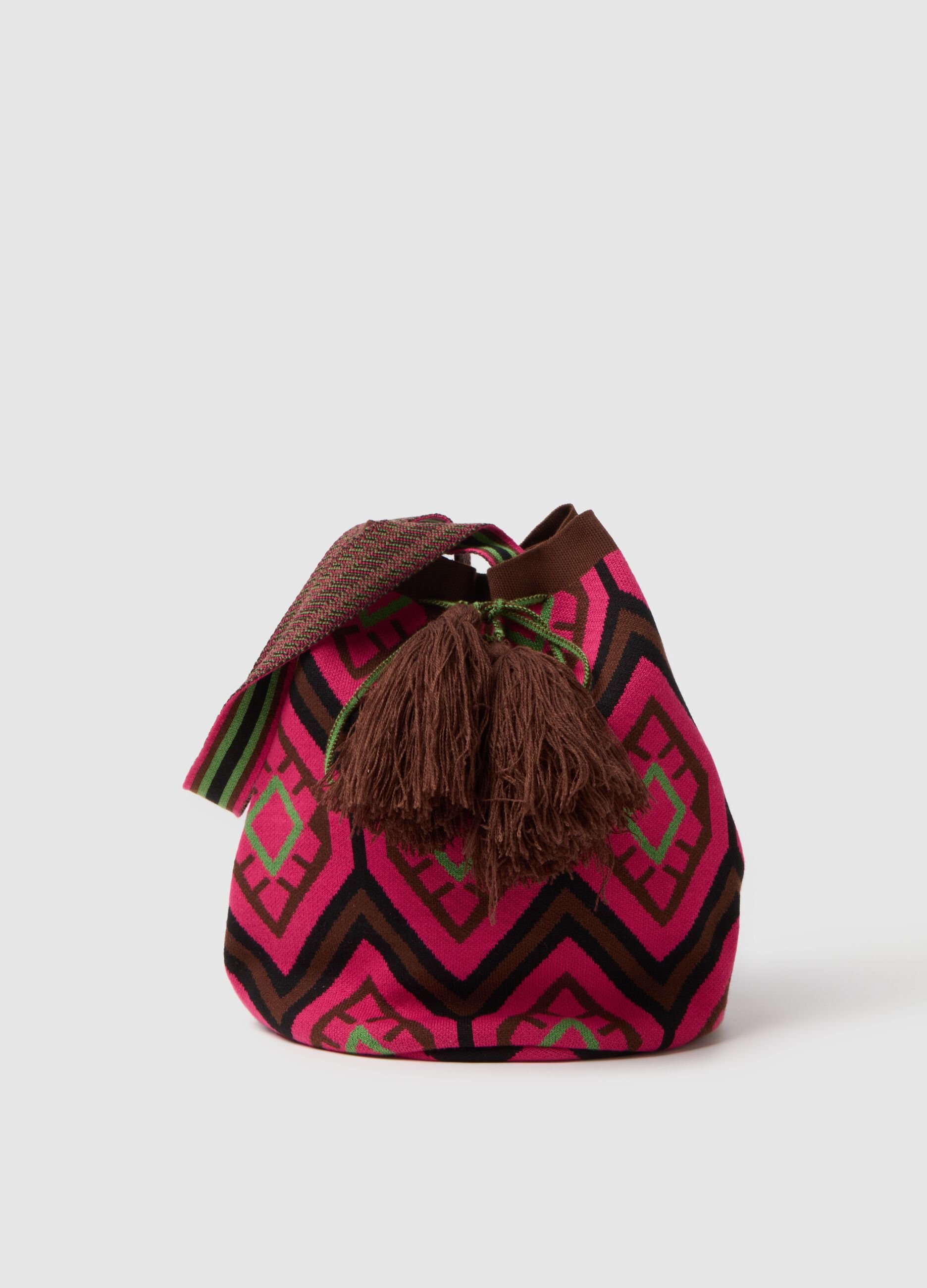Multicolor ethnic detail beach bag with tassels