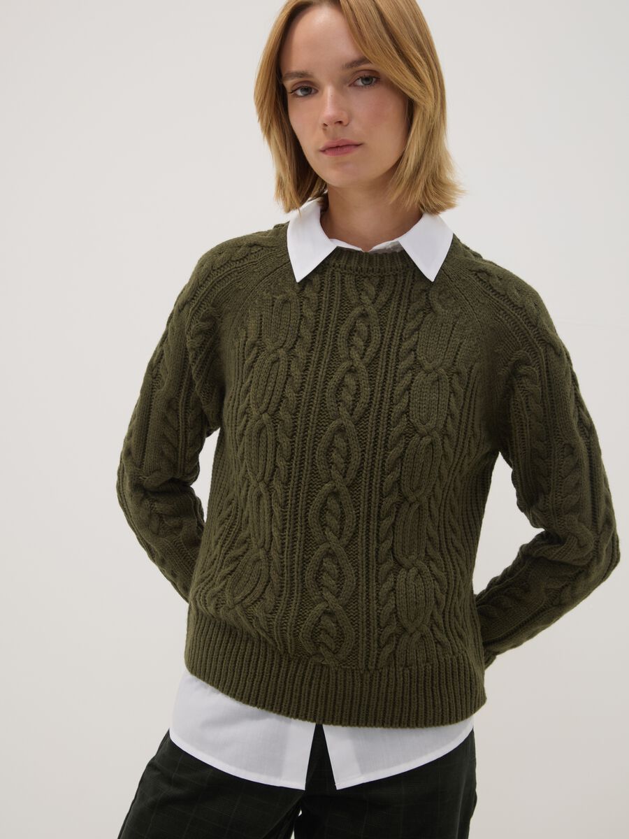 Green cable-knit wool-blend crew neck jumper_1