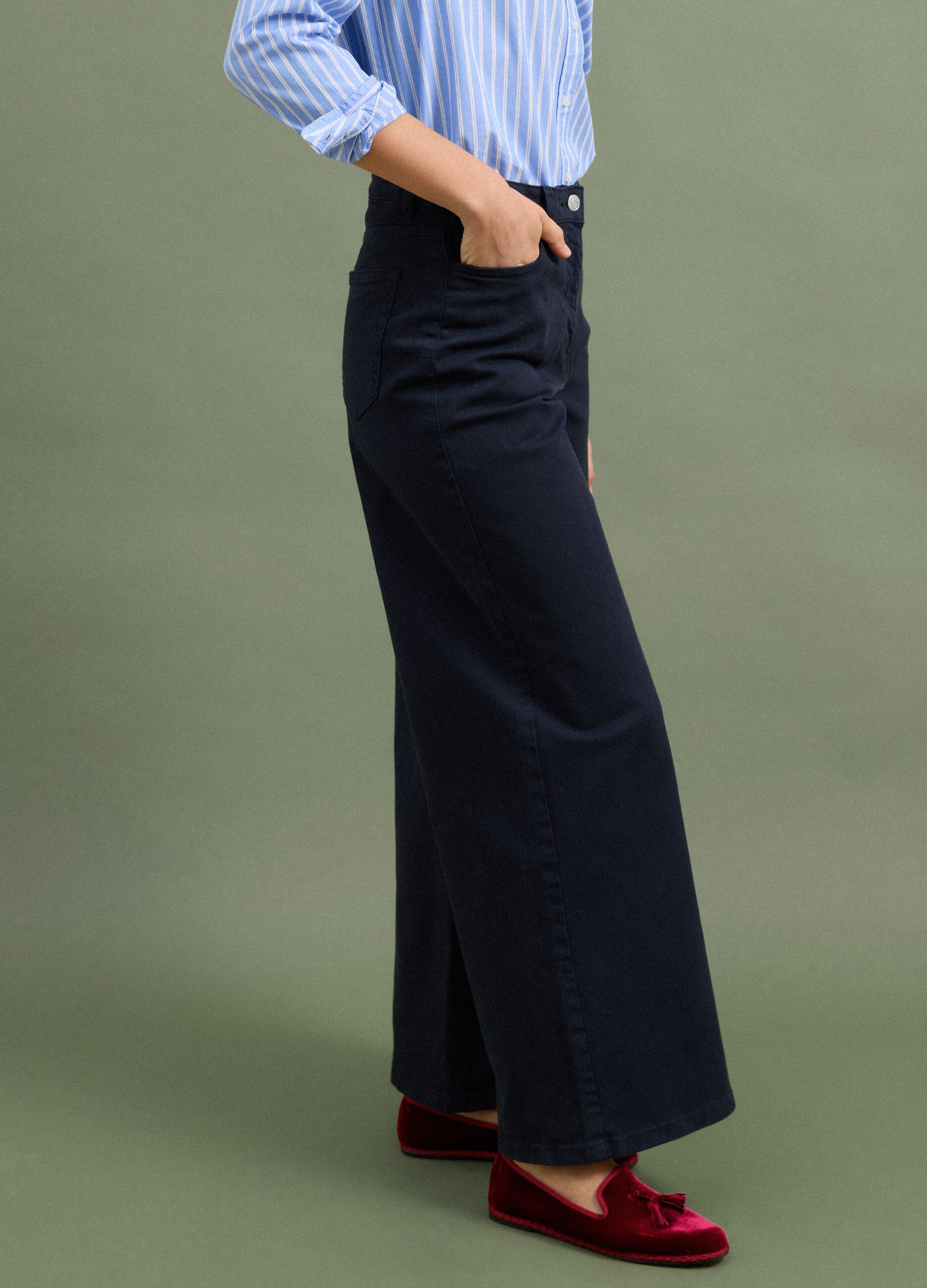 Navy stretch cotton wide-leg trousers