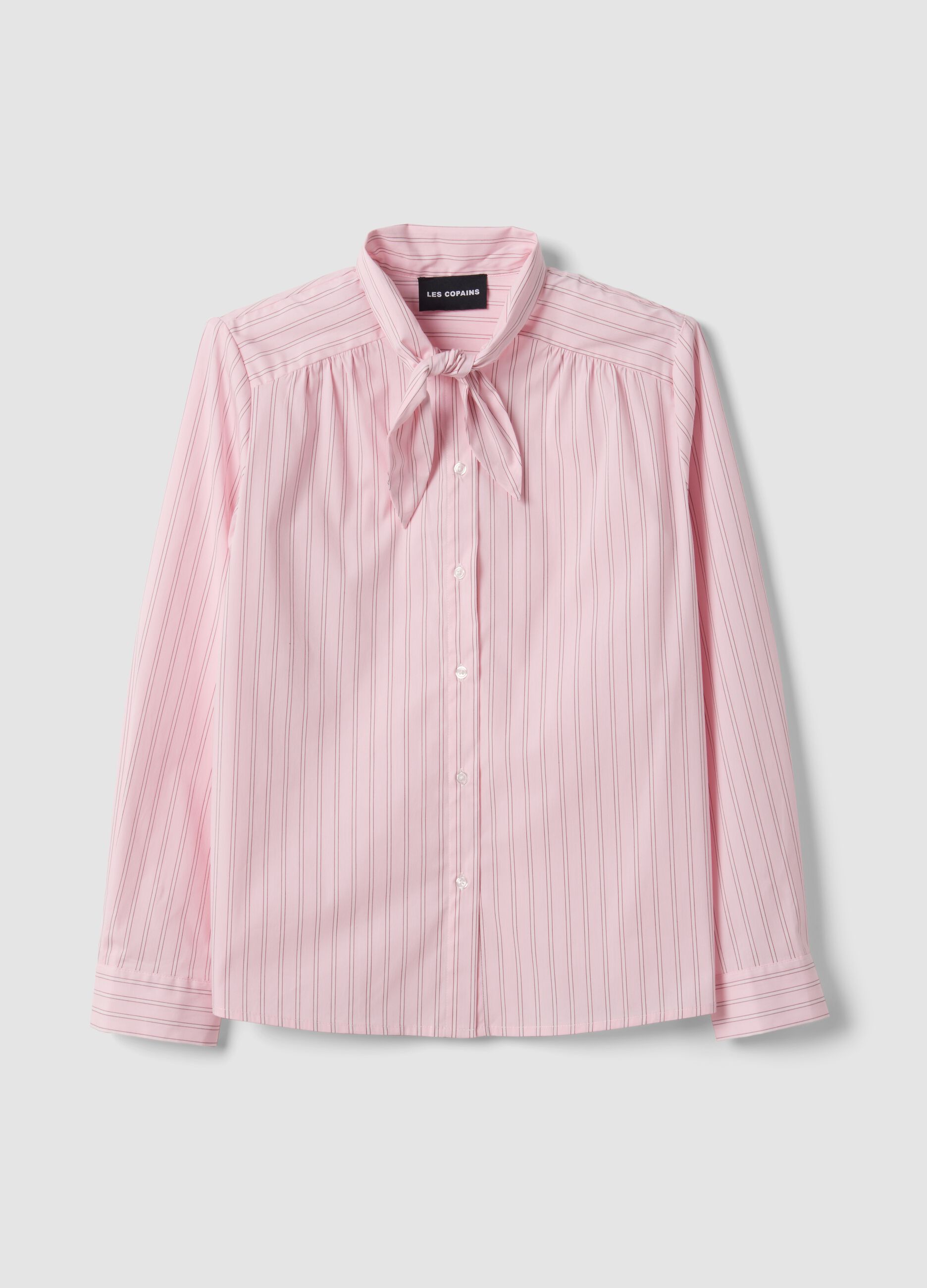 Camicia rosa in cotone elasticizzato a righe con fiocco over fit