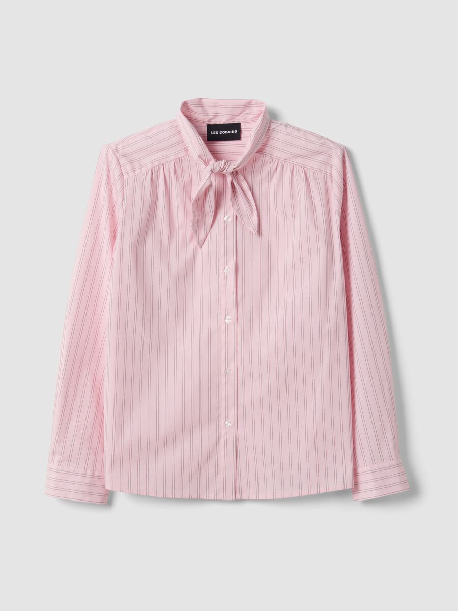 Camicia rosa in cotone elasticizzato a righe con fiocco over fit_4