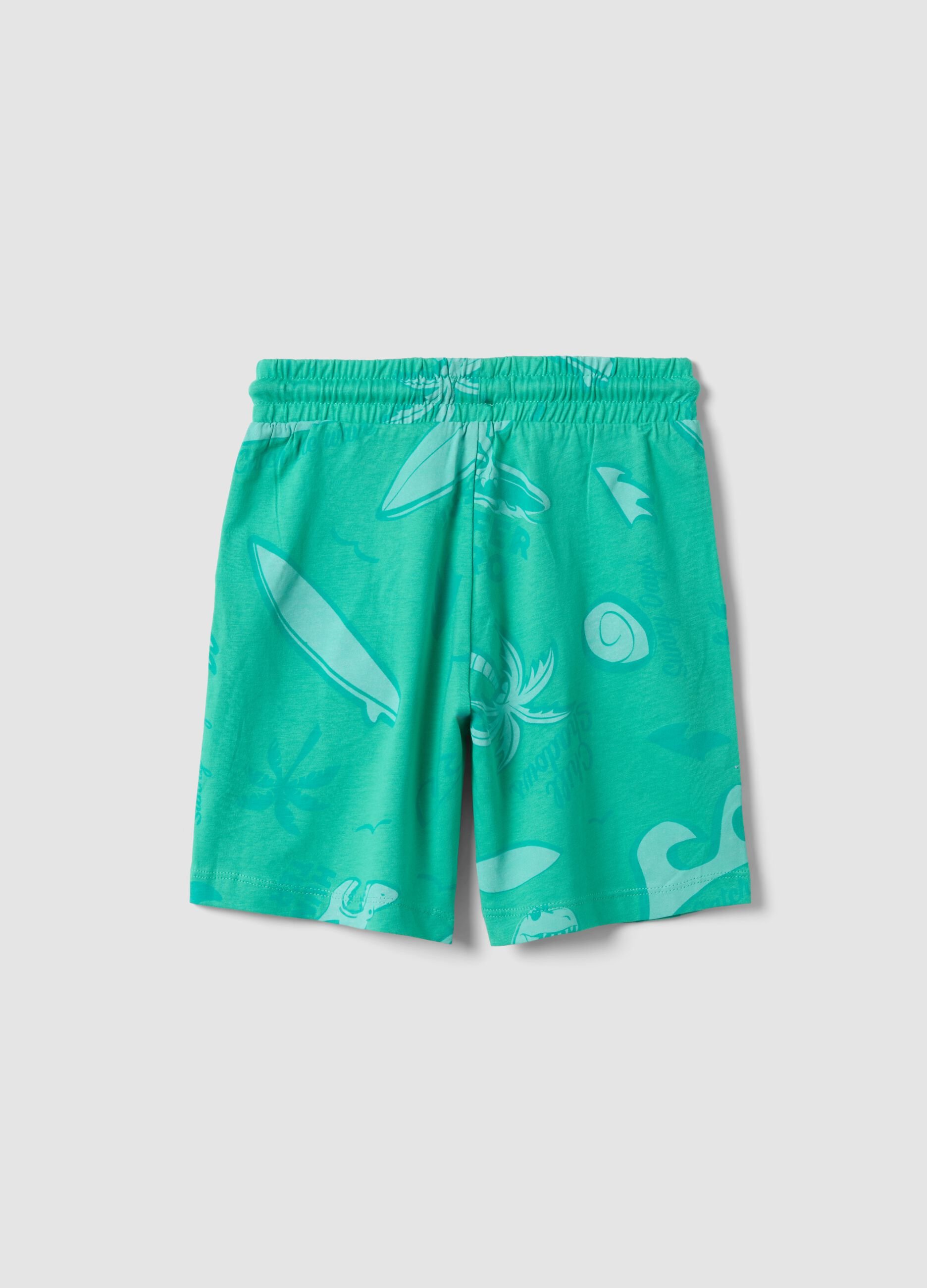 Green pure cotton shorts with all-over print