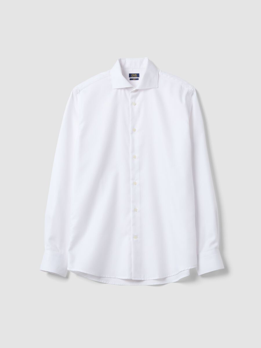 White slim-fit pure cotton shirt with cutaway collar_0
