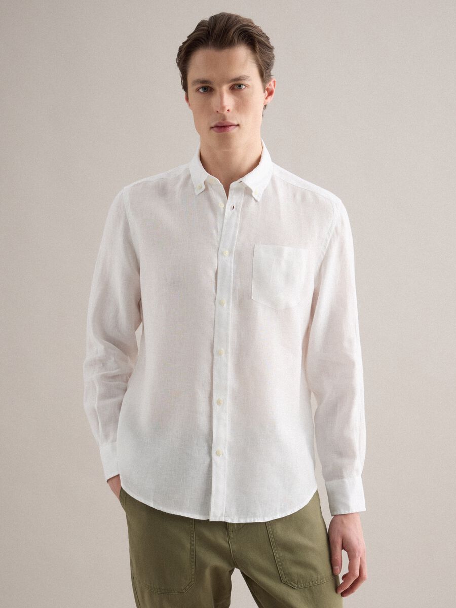 White long-sleeve pure linen shirt regular fit_0