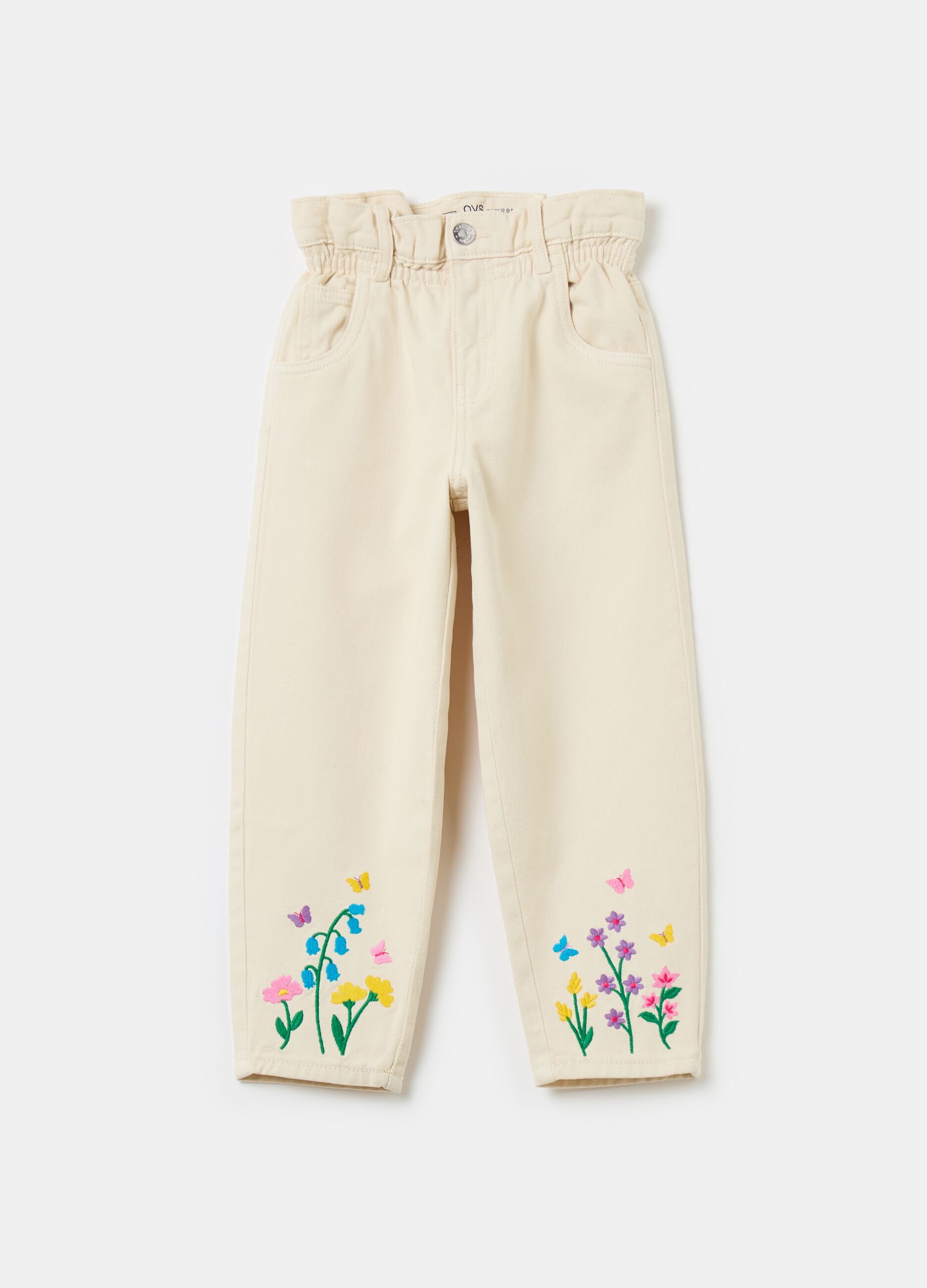 Paper bag jeans with embroidery