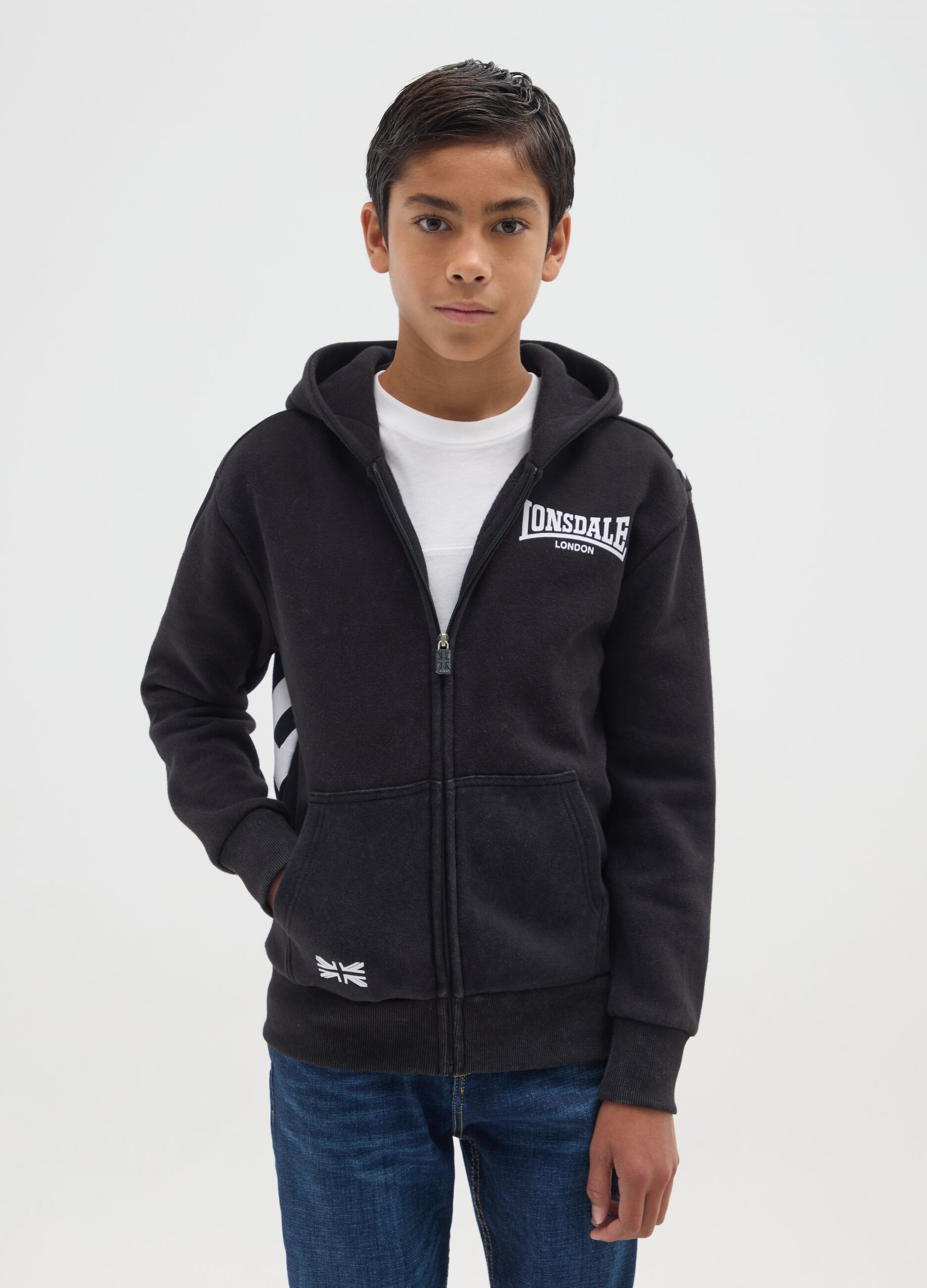 Children's black cotton blend hoodie regular fit with zip