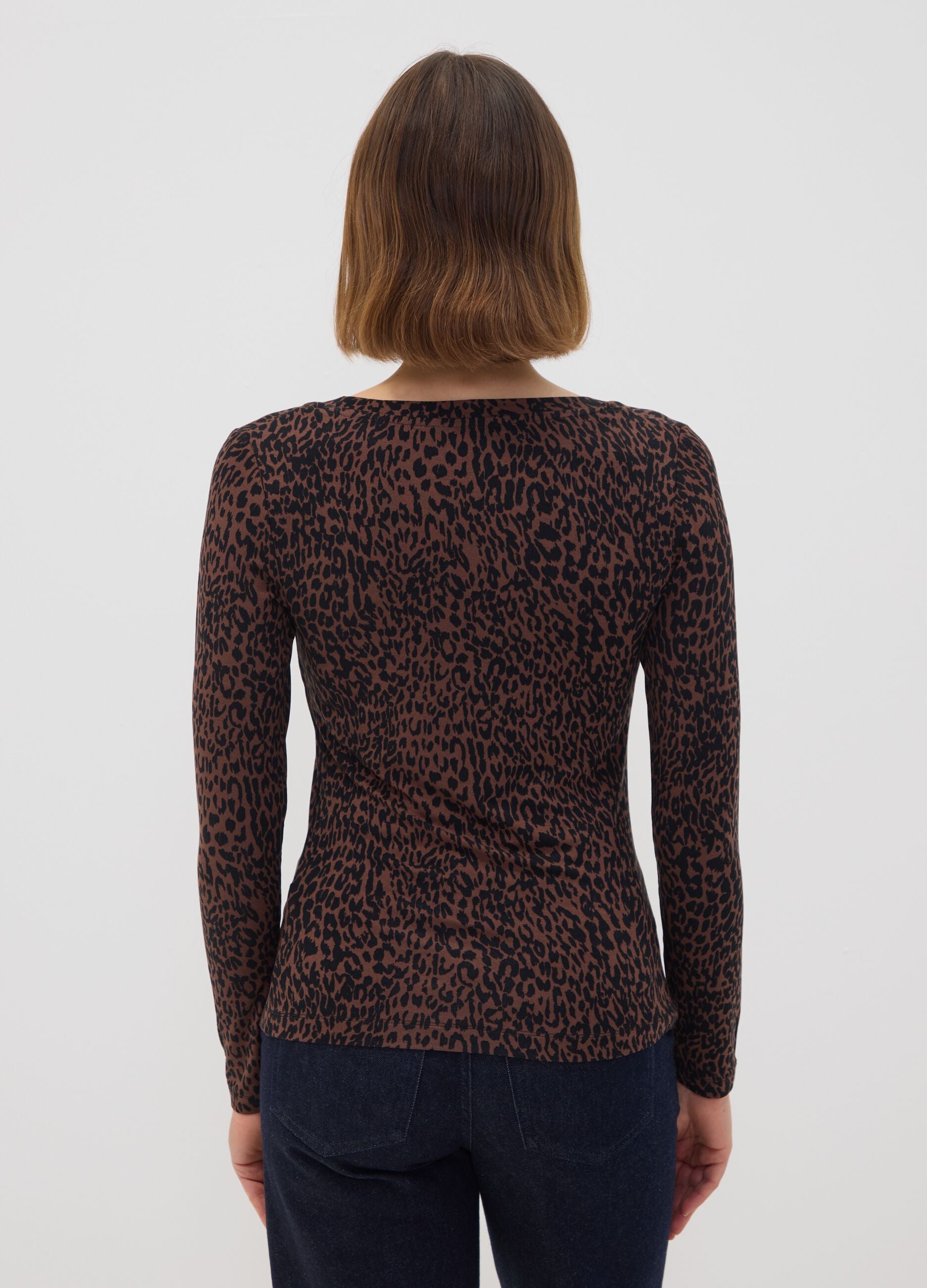 Brown stretch viscose animal-print slim-fit T-shirt