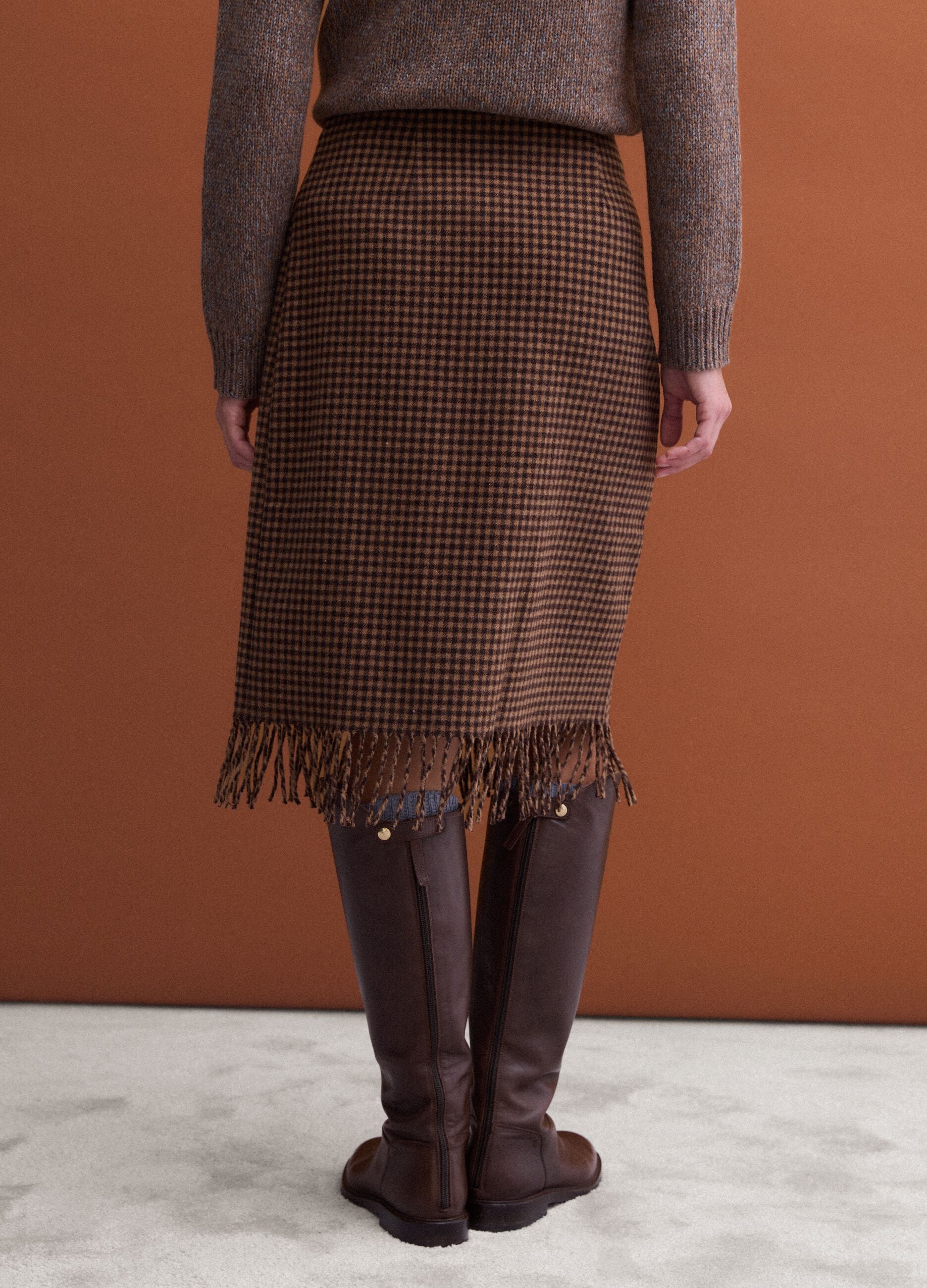 Brown and black wool-viscose blend skirt