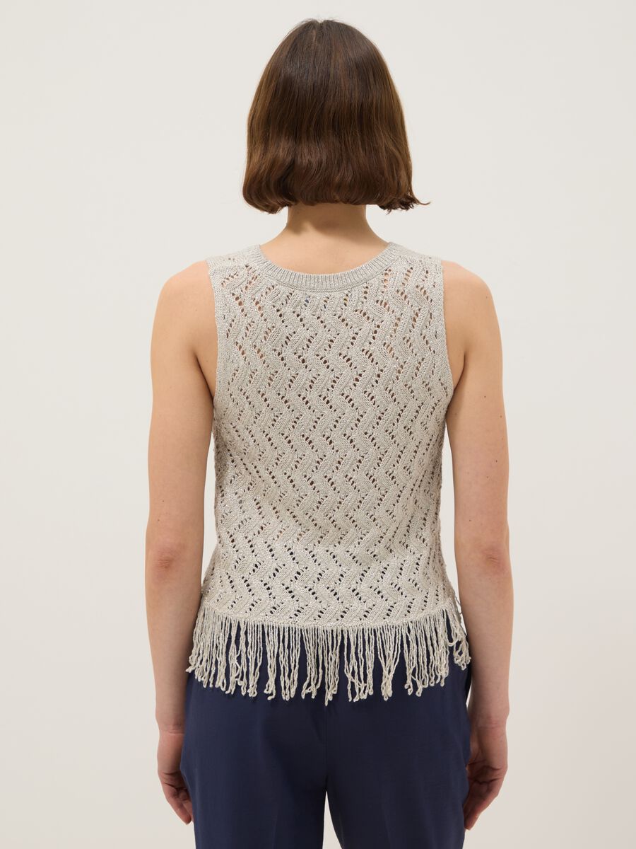 Beige viscose blend regular fit perforated top with fringes_3