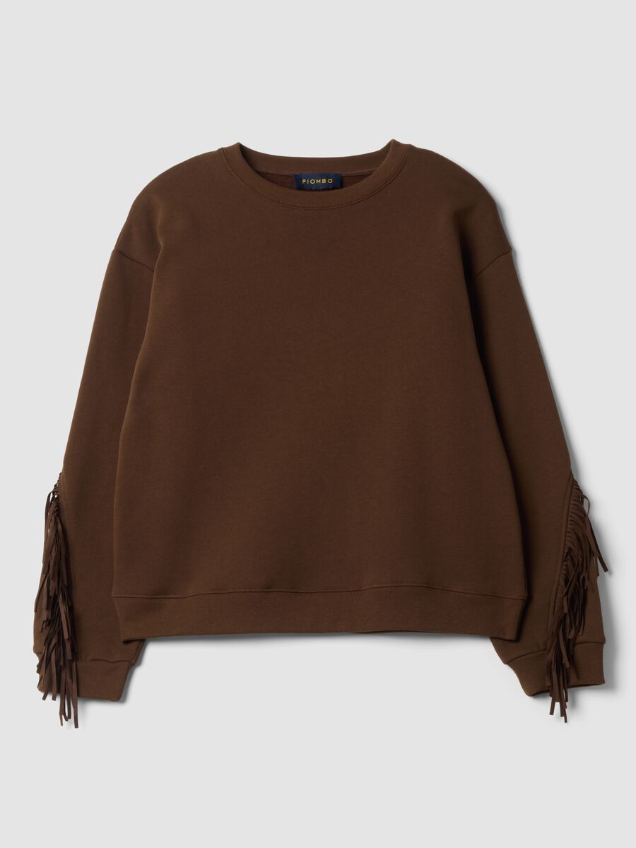 Braunes Sweatshirt aus Baumwollmix mit Rundhalsausschnitt und Fransen, Regular Fit_0