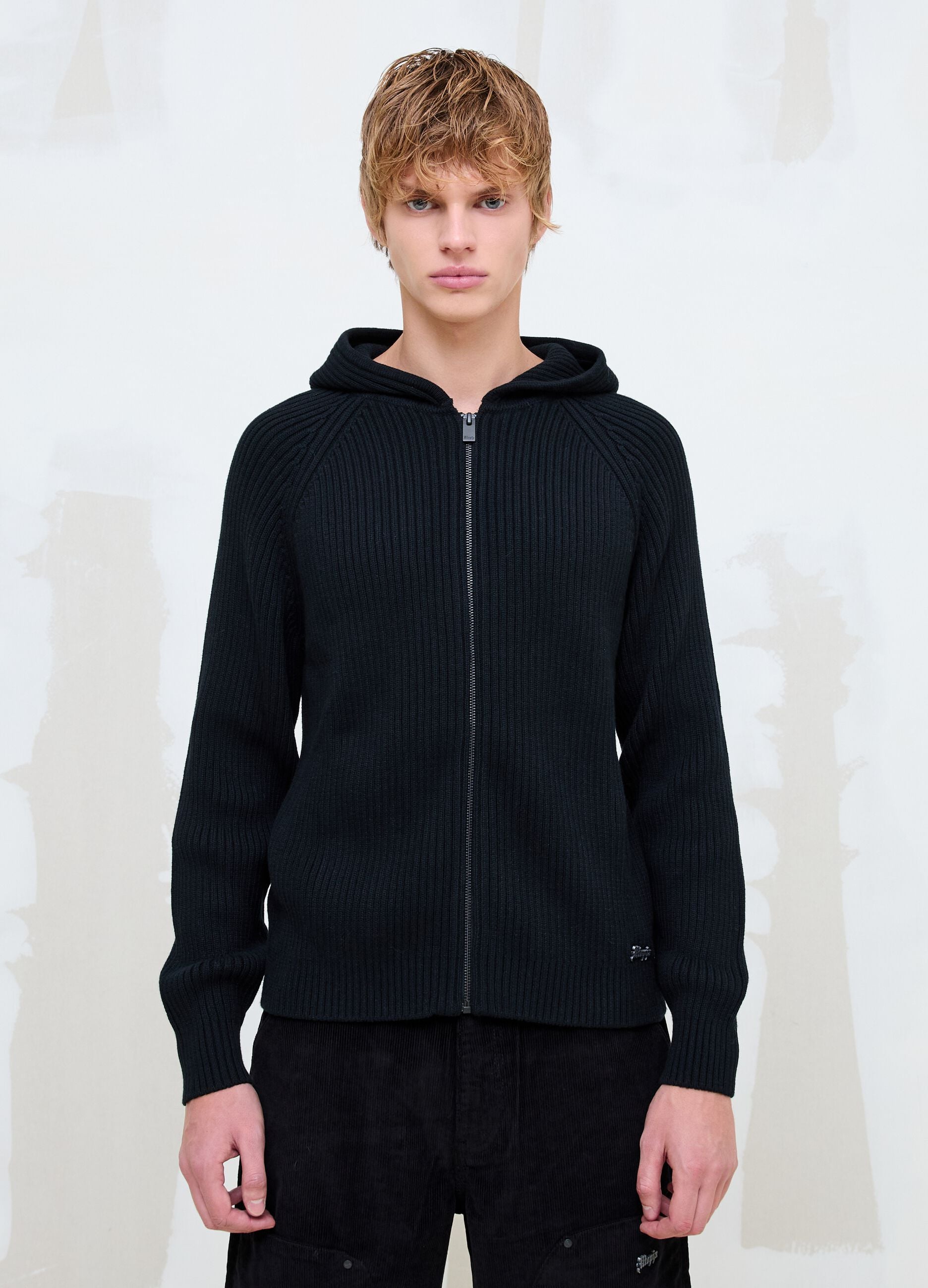 Black Ribbed Knit Hoodie