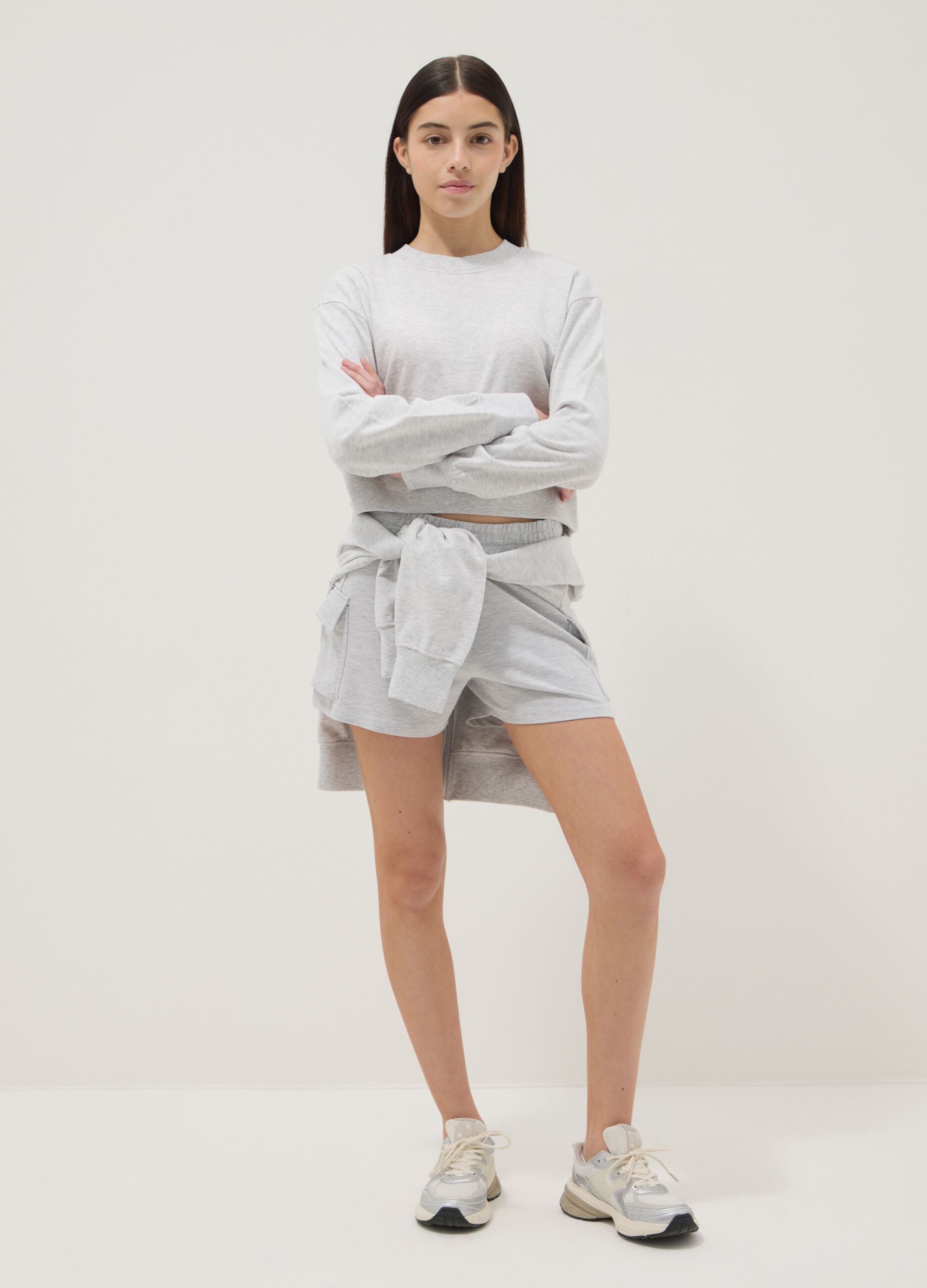 Grey cotton blend cargo shorts for girls relaxed fit