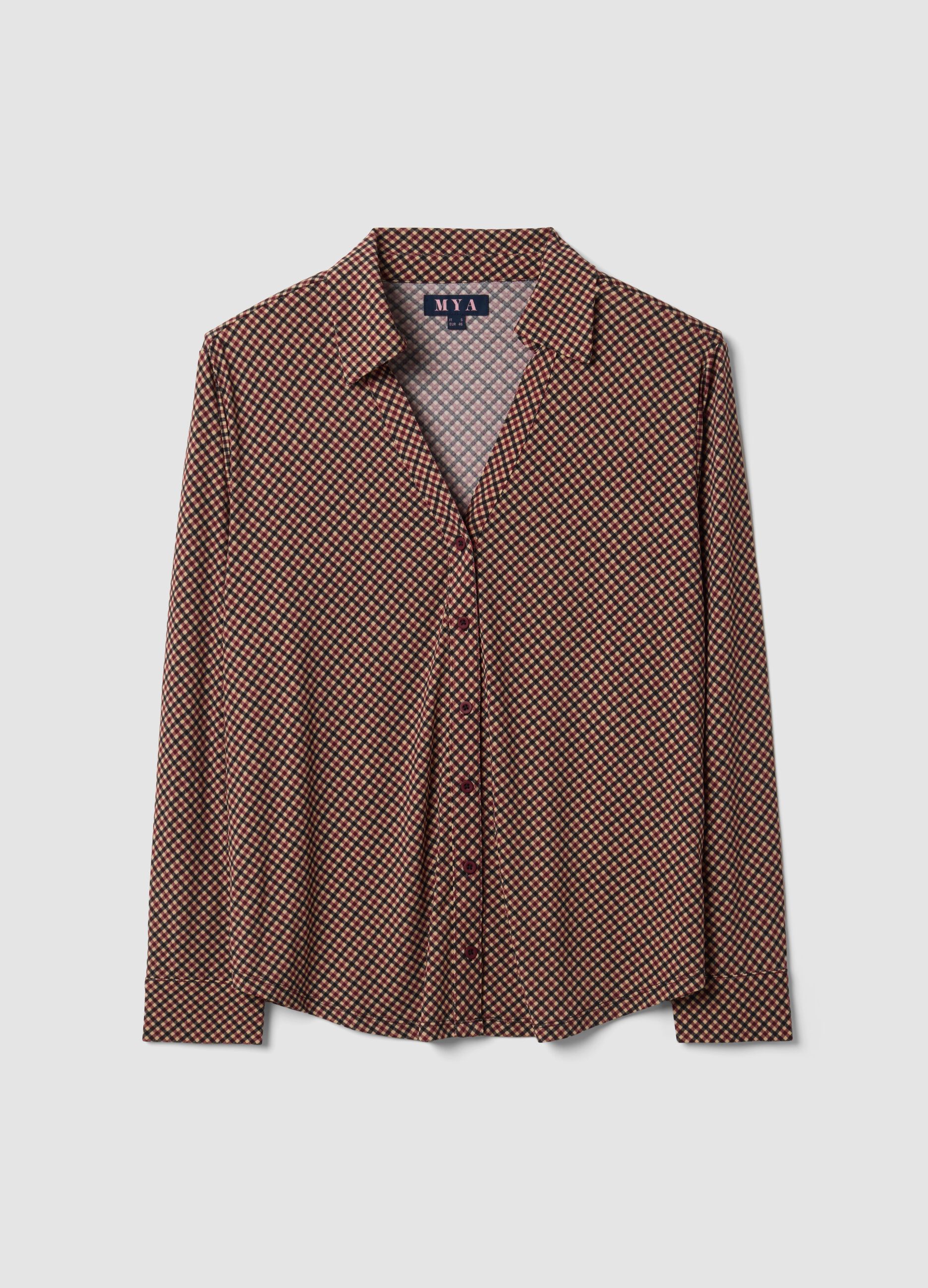 Brown stretch shirt with checked collar, regular fit