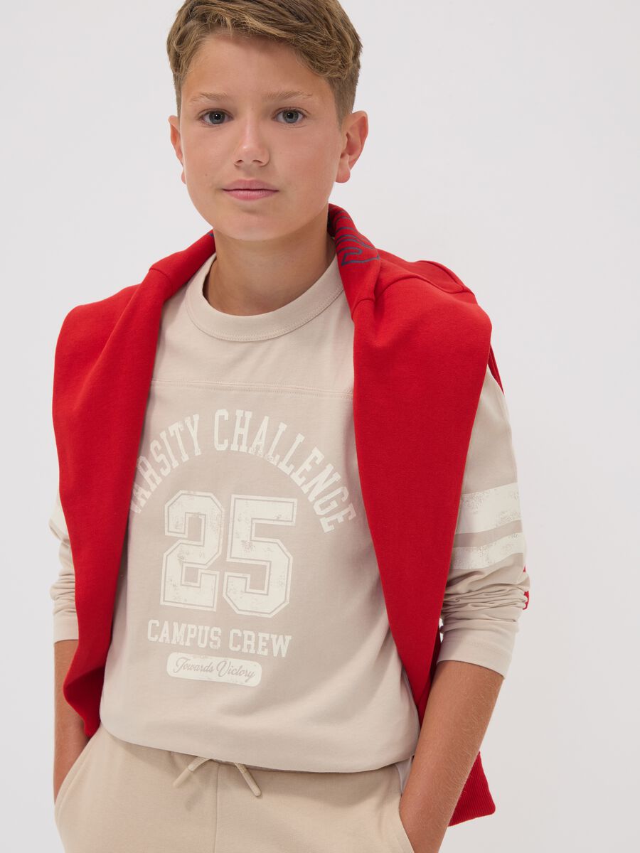 Beige pure organic cotton T-shirt with college print for boys_0