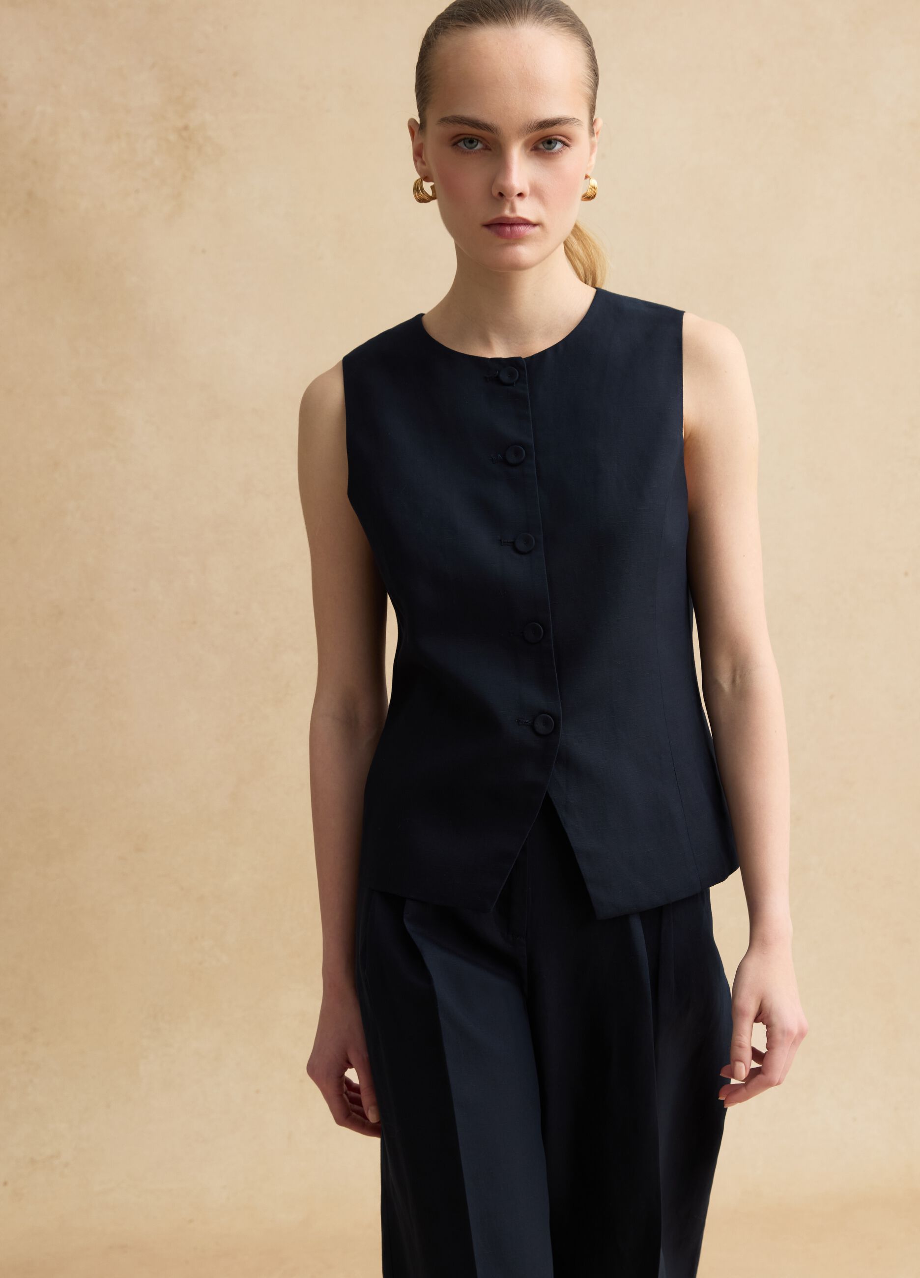 Blue Lyocell and Linen Regular Fit Waistcoat with Buttons