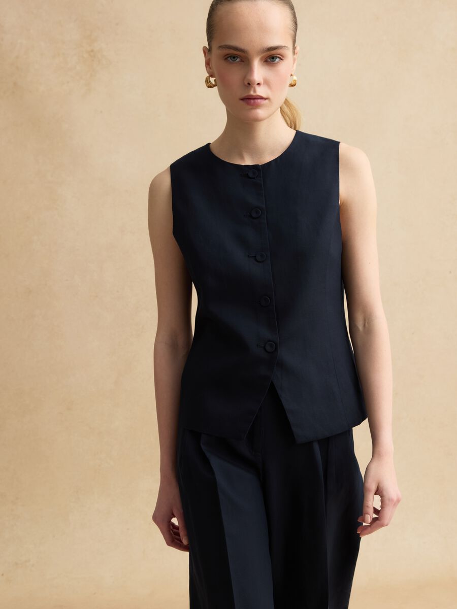 Blue Lyocell and Linen Regular Fit Waistcoat with Buttons_0