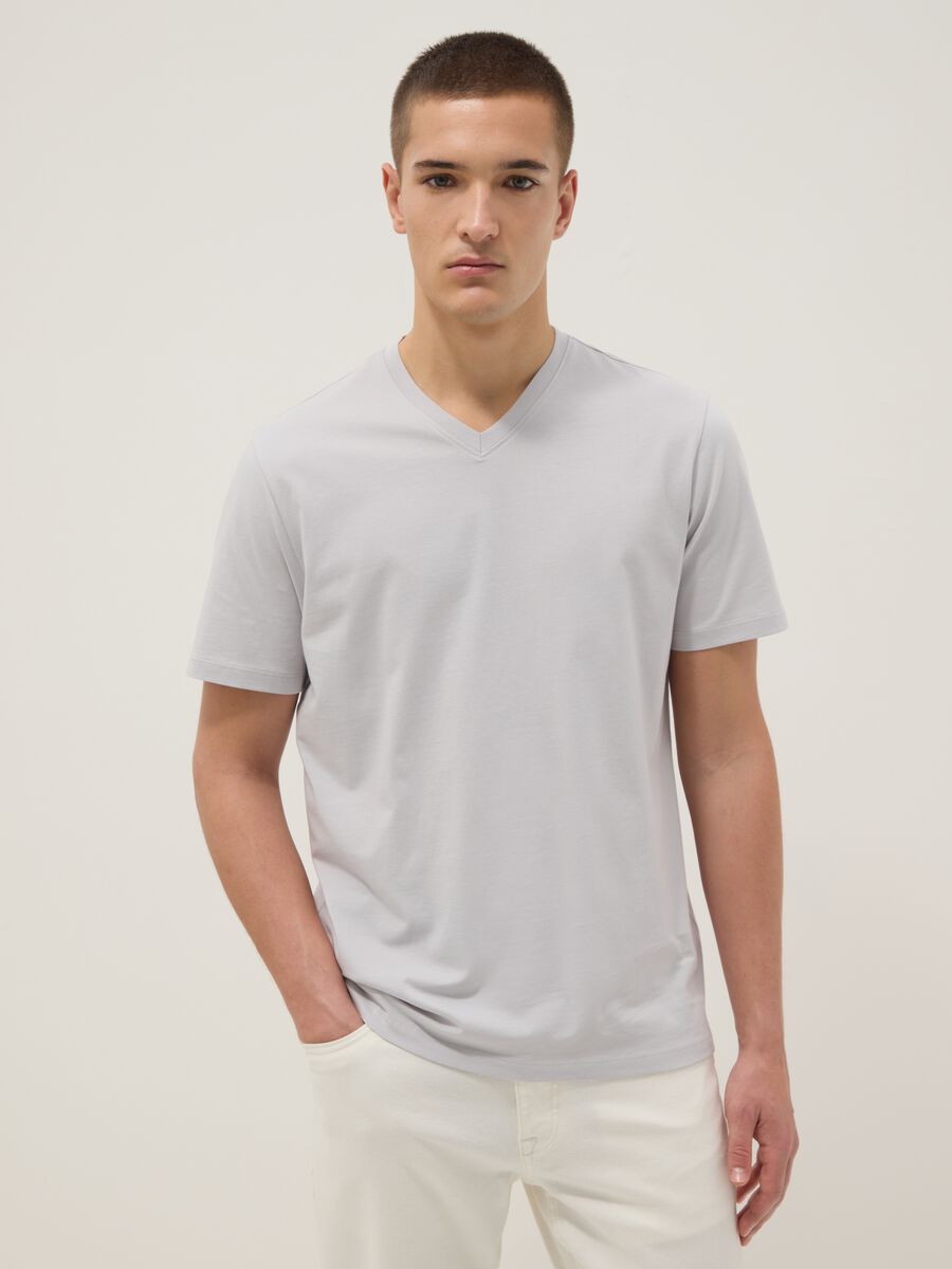 Grey pure cotton regular fit V-neck T-shirt_1