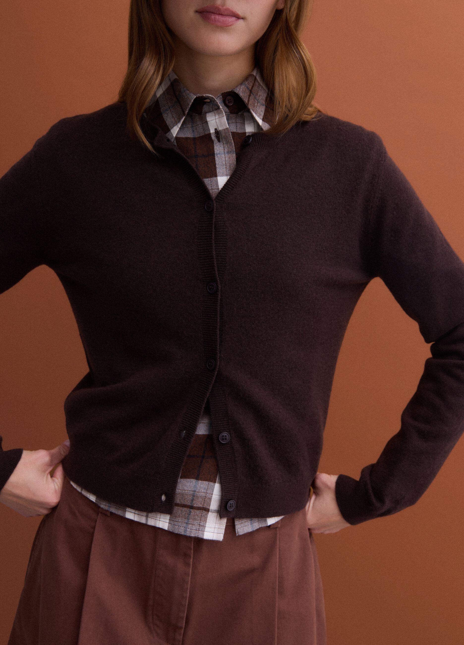 Brown pure wool crew-neck cardigan