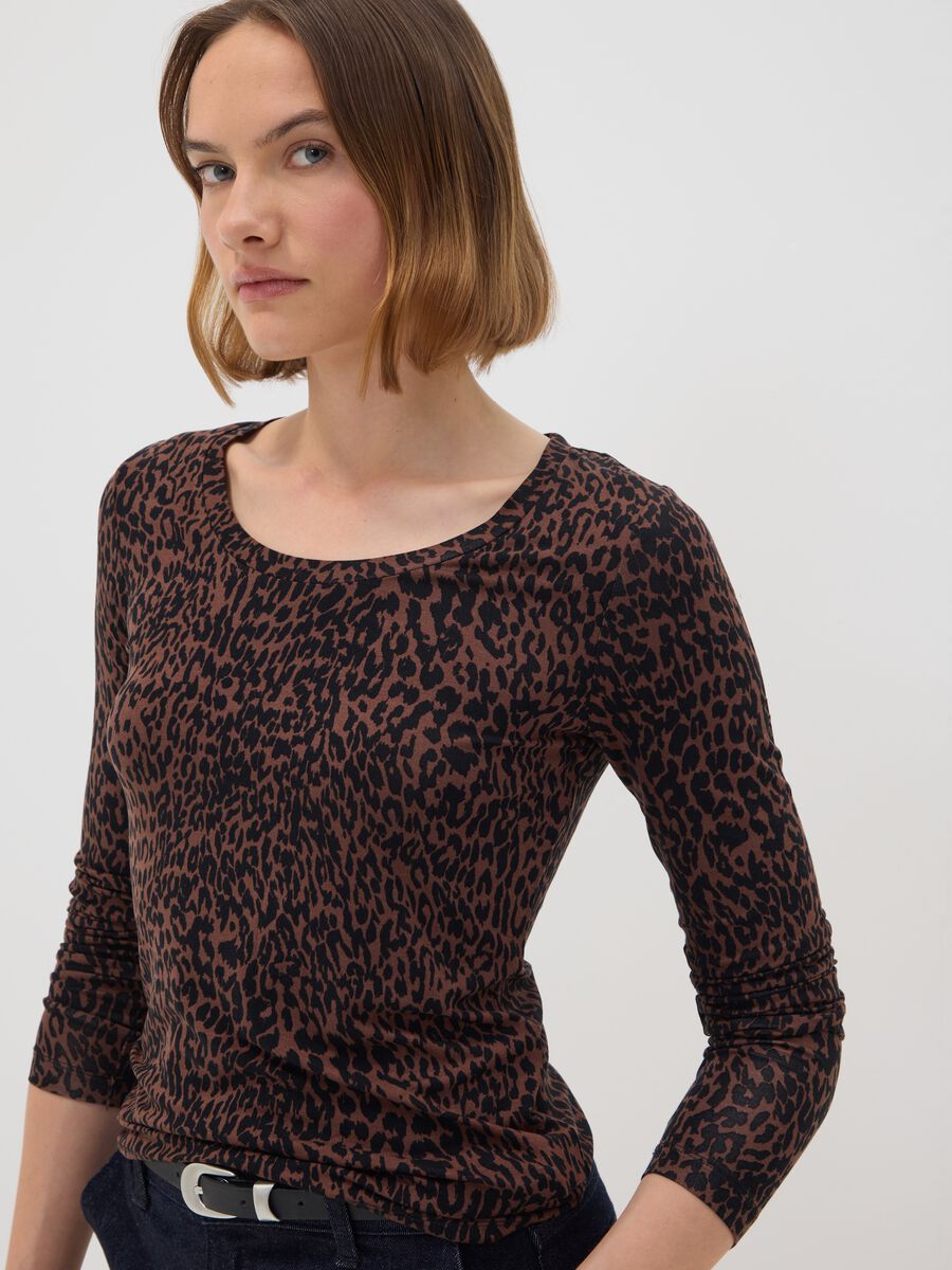 Brown stretch viscose animal-print slim-fit T-shirt_0