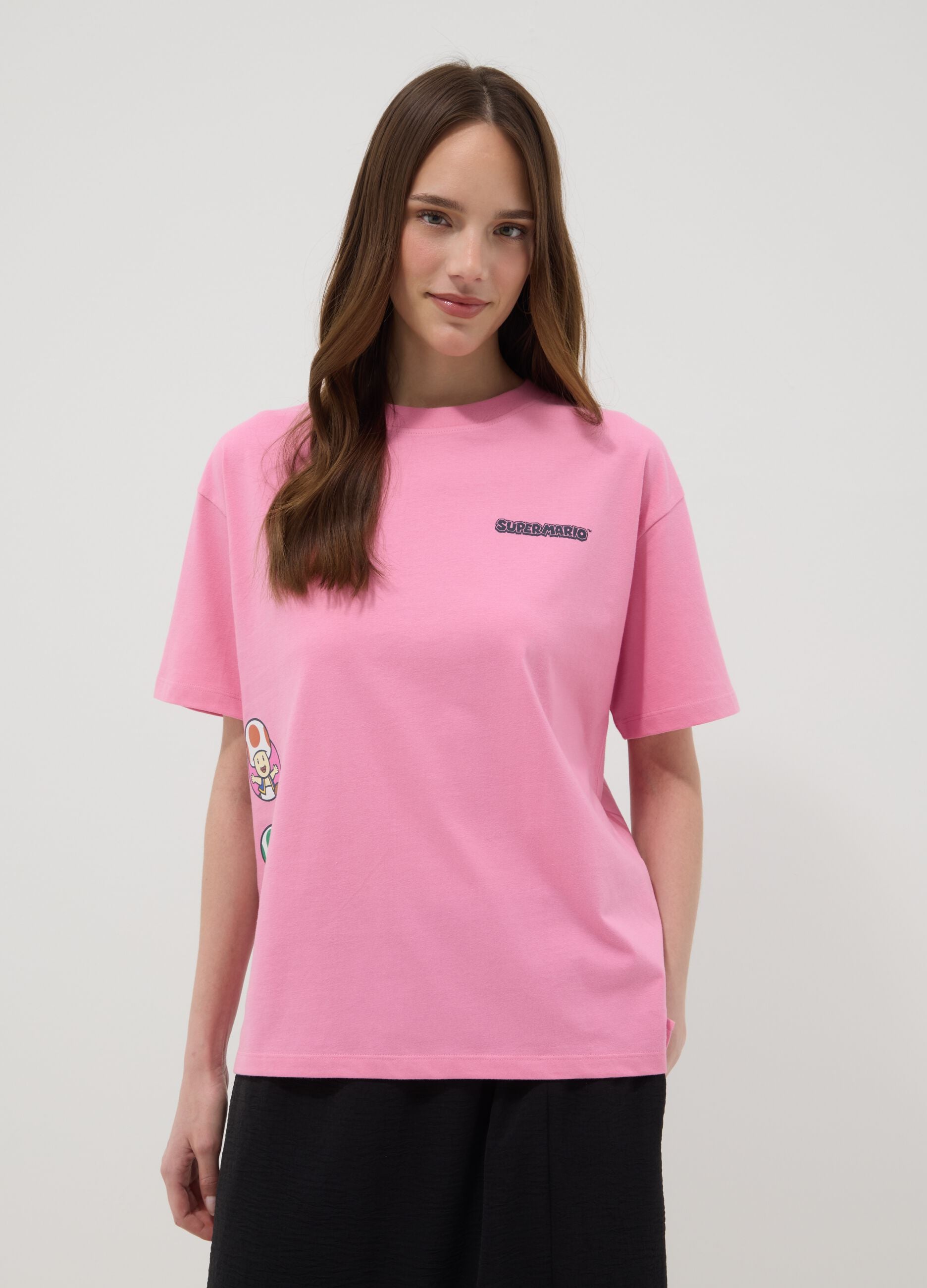 T-shirt rosa de manga curta em algod&atilde;o puro